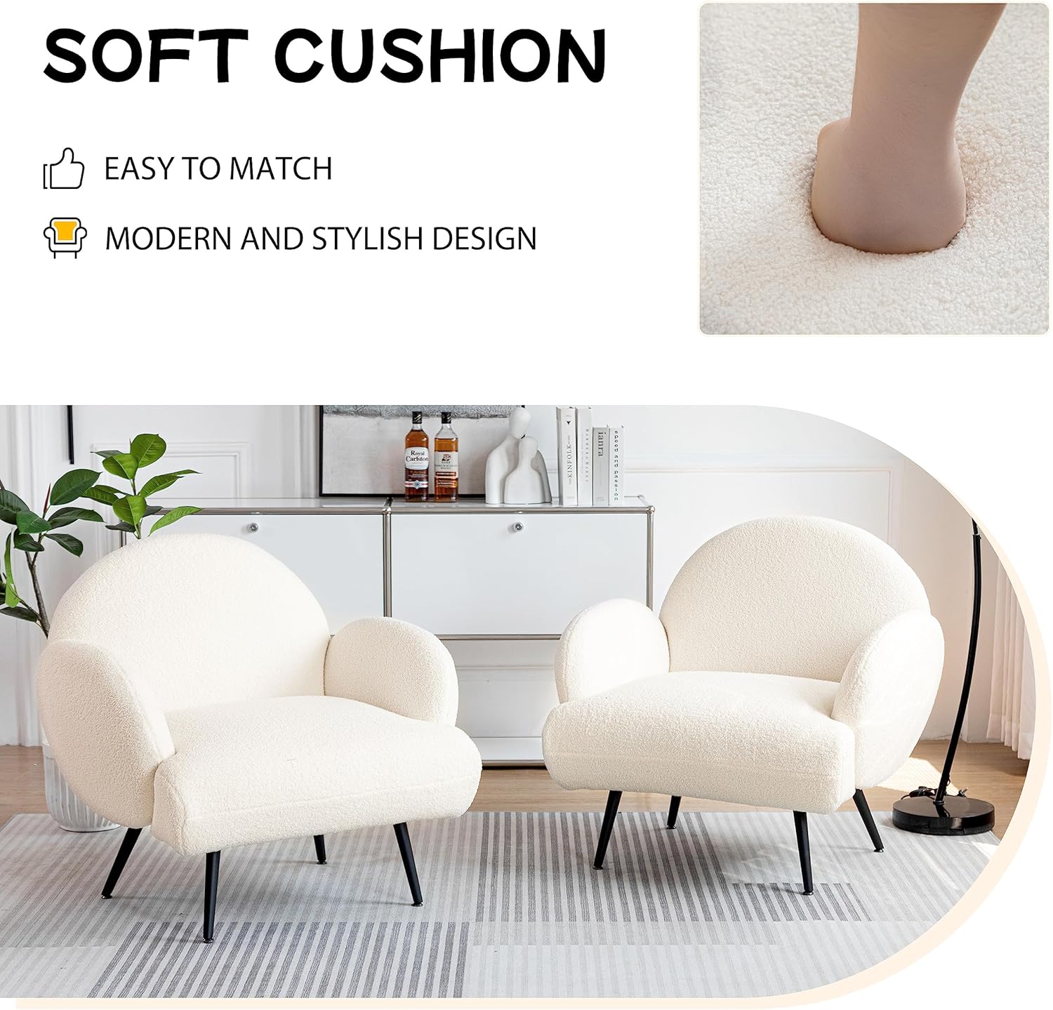 Fauteuil Moderne Décontracté avec Pieds en Métal Noir et Dossier Fauteuil Simple Confortable pour Salon/Chambre/Club, Blanc - 4