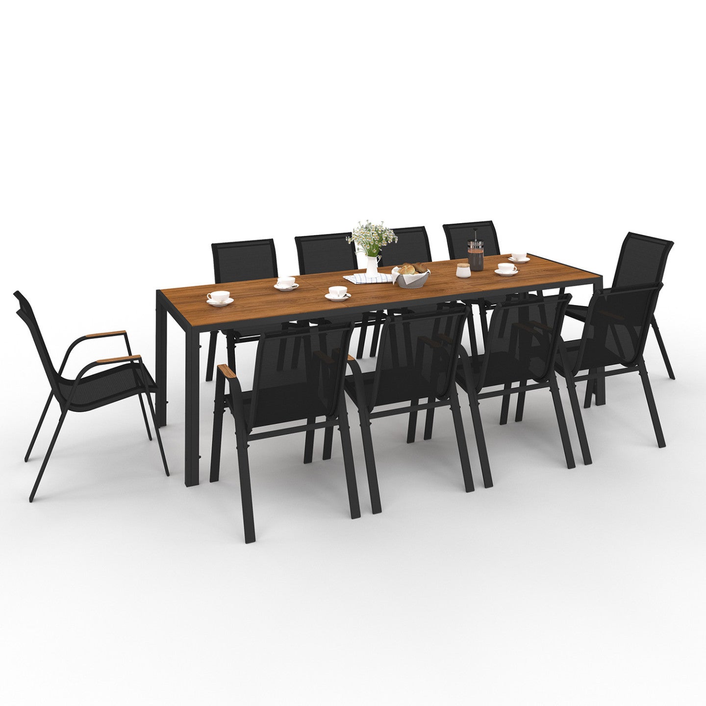 Salon de jardin NOUMEA table 240 cm plateau verre trempé effet bois et 10 chaises empilables noir et bois - 2
