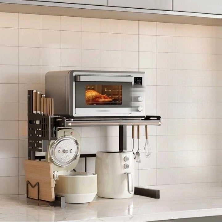 Półka kuchenna, uchwyt do kuchenki mikrofalowej i urządzenia do gotowania ryżu, wysuwana półka, 2 poziomy, z uchwytami na noże i pałeczki