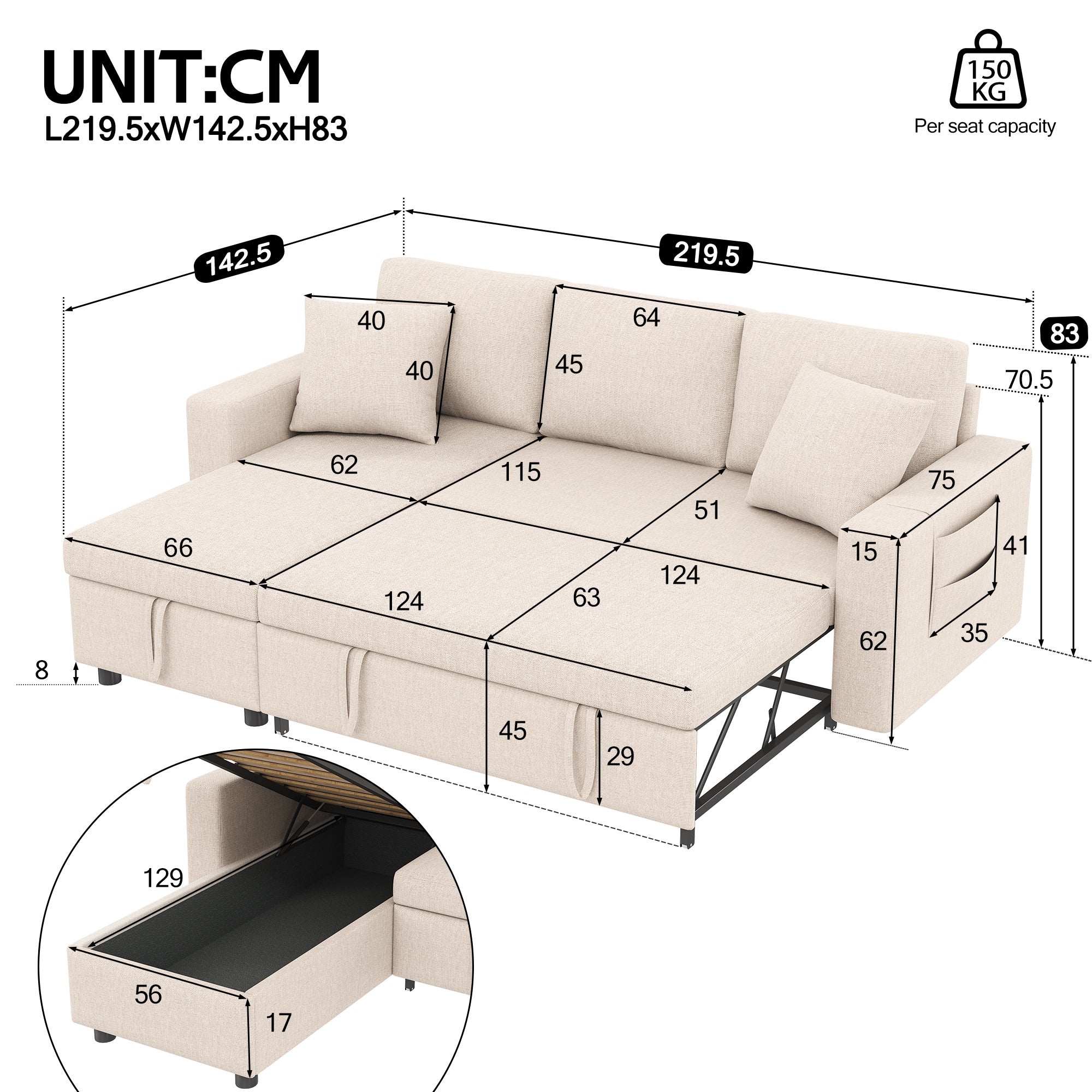 Canapé d'angle convertible réversible 4 places, Tissu en Lin,L219,canape convertible avec coffre de rangement,canapé en L,beige - 2