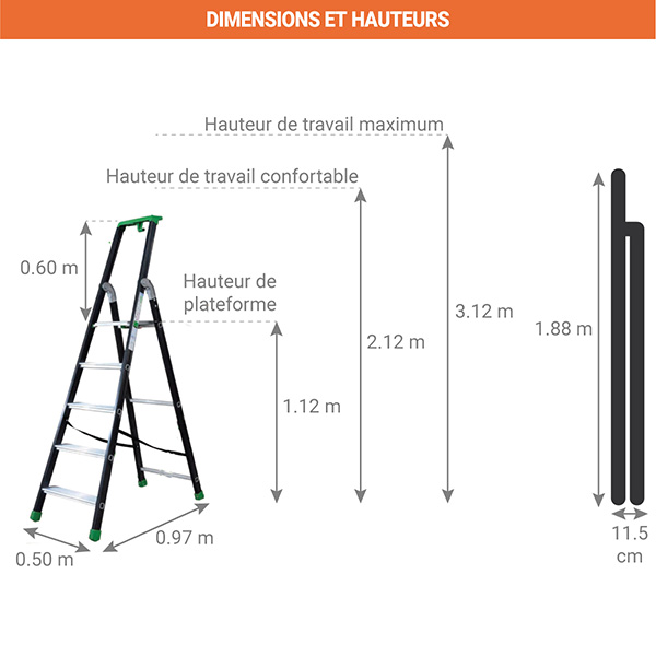 Escabeau anodisé 5 marches - Hauteur max. de travail 2.92m - Q50/5P - 2
