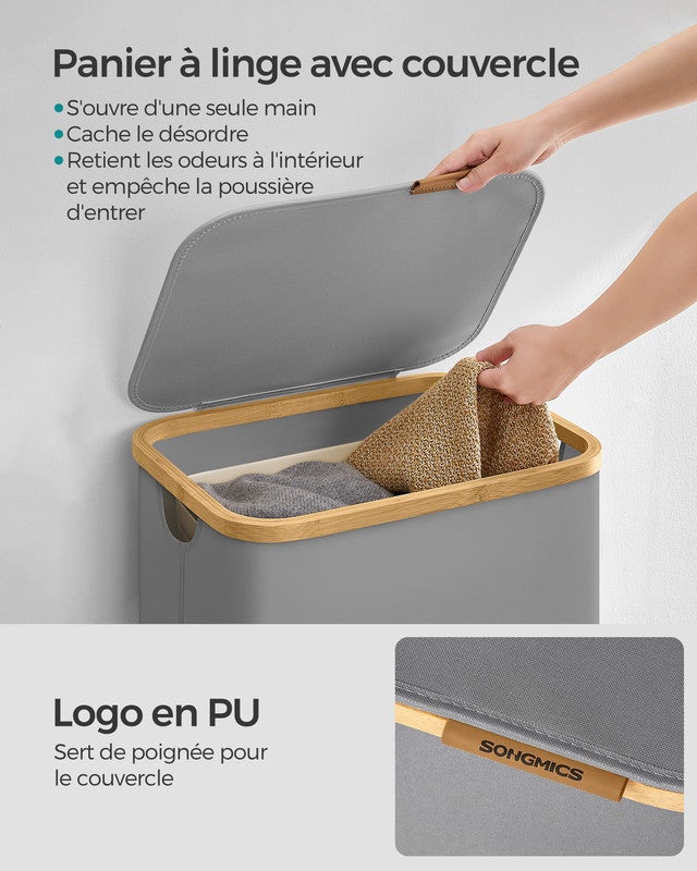 Panier à Linge Mince avec Couvercle, 90L, Doublure en Maille Amovible, Poignées en Bambou, Pliable, 42 x 32 x 70,5 cm, Gris Tourterelle - 4