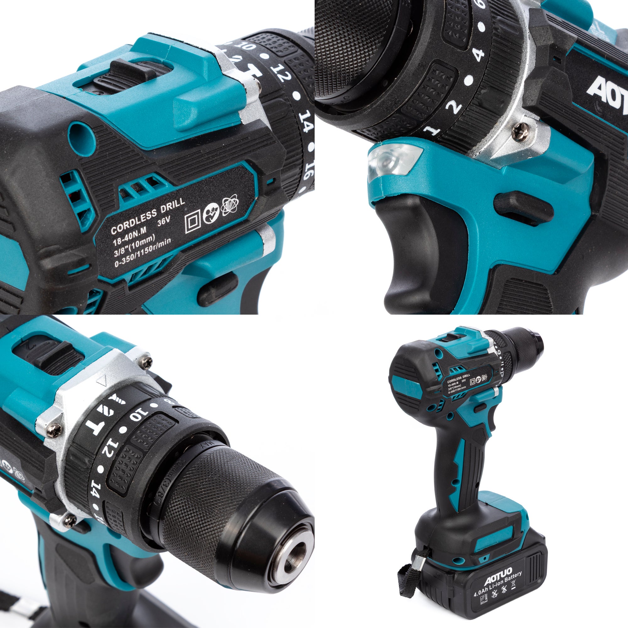 thumbnail image 2 of 36V Cordless Drill Set With 2 Batteries & Charger – 150W, 3/8" Keyless Chuck, 1500 RPM – Yellow 2 of 6
