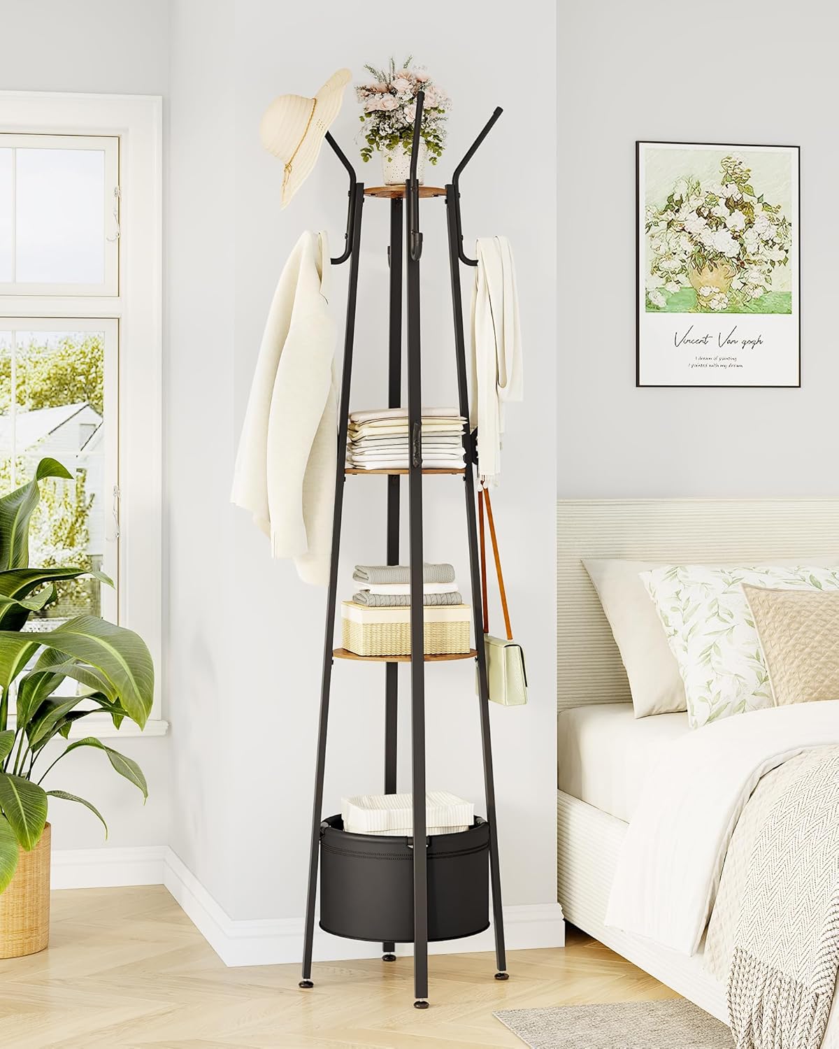 Porte-manteau Autoportant avec 3 Étagères, Arbre d'entrée avec 16 Crochets pour Écharpes,Porte-manteau avec 1 Panier,Marron et Noir - 8
