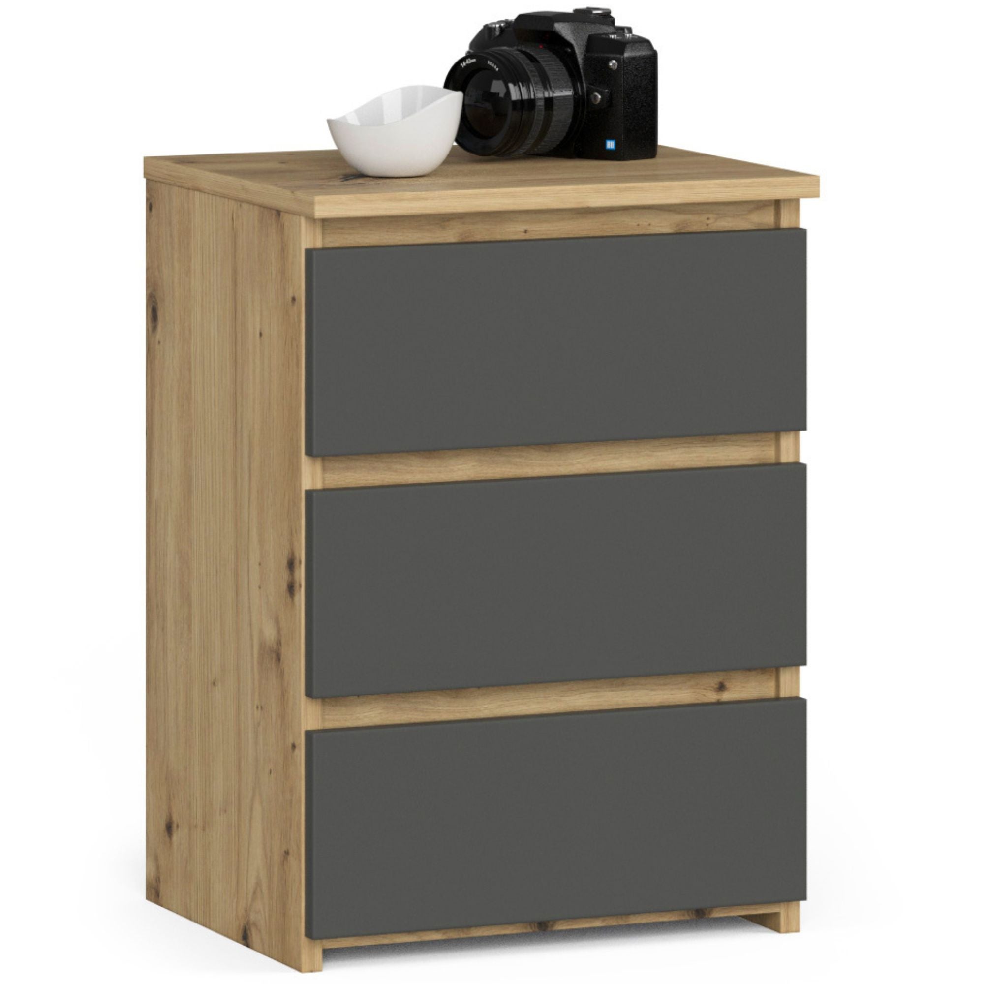 Szafka nocna AKORD CL3 Dąb Artisan 40 cm 3 szuflady fronty kolor Grafit Szary mat 40x35x57 cm