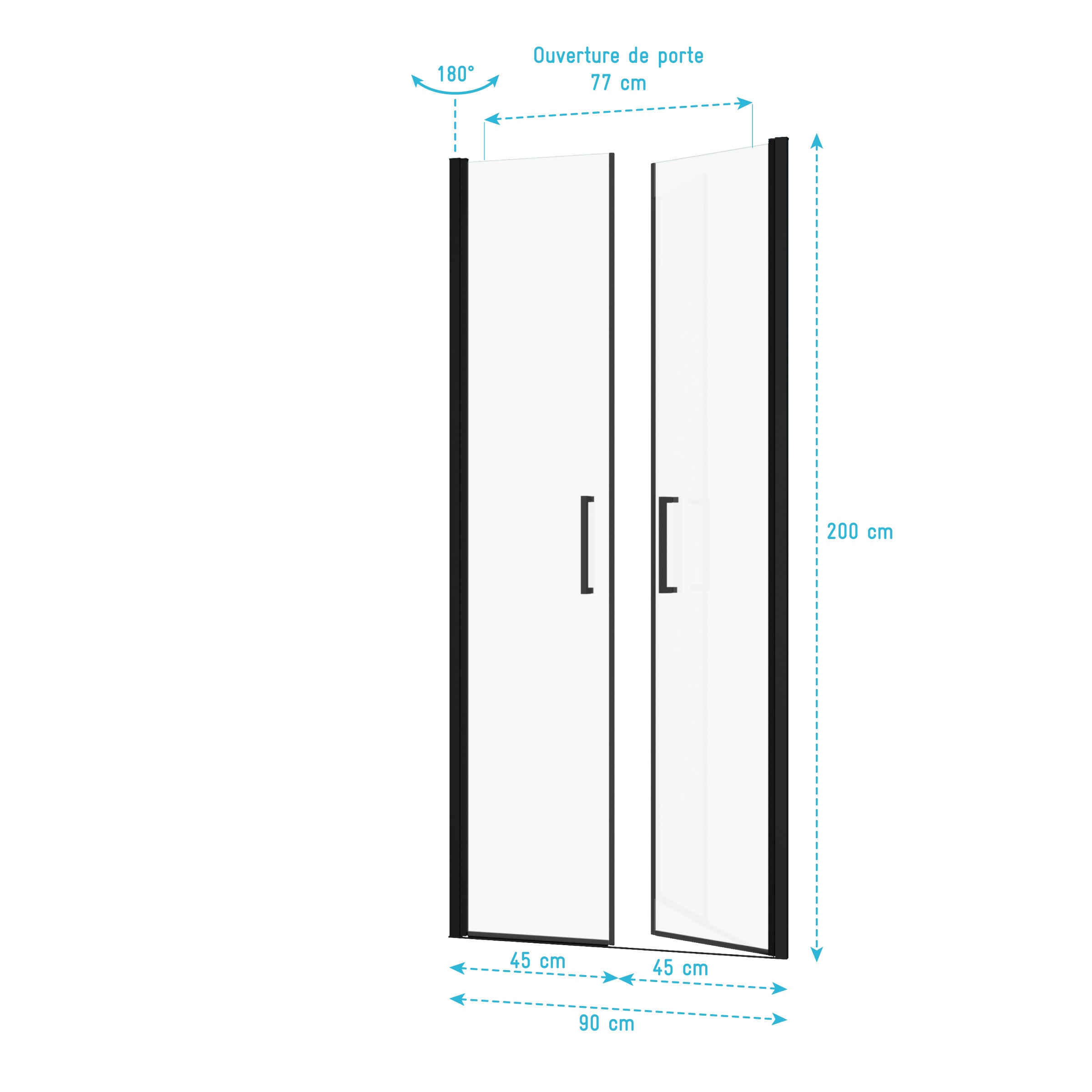 Porte de Douche Double Battant 90x200cm - Verre Trempé Transparent 6mm - Profil Noir Mat - 5
