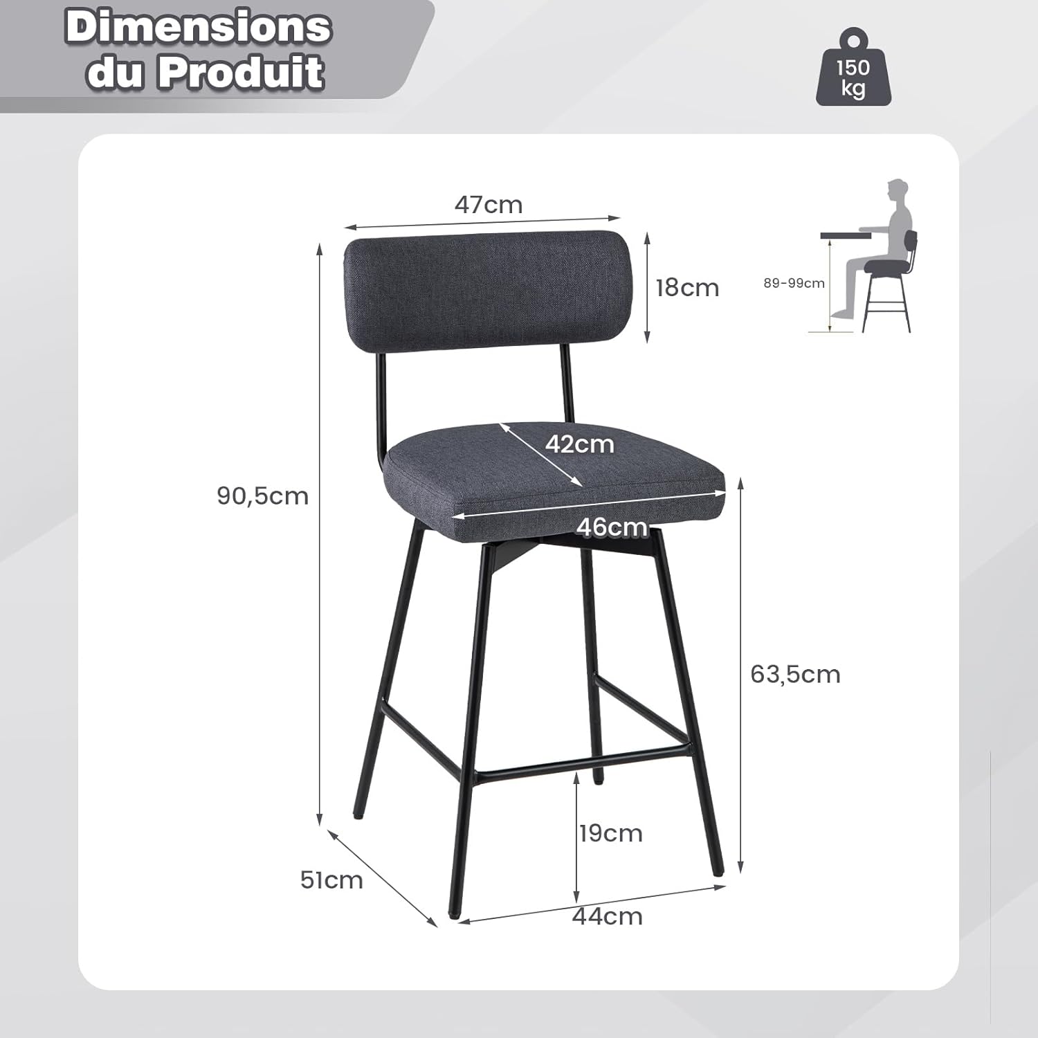 2-częściowy zestaw obrotowych stołków barowych z oparciem i podnóżkiem, wysokość siedziska 63,5 cm, krzesło kuchenne z metalową ramą (kolor szary) - 3