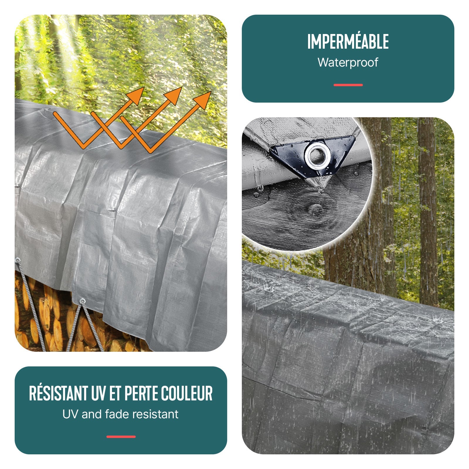 Bâche de protection en polyéthylène 240g/m² - 4x8m gris et noir - imperméable et anti-UV - VOUNOT® - 4