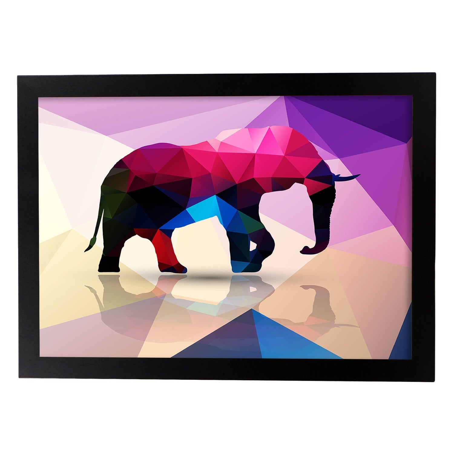 Poster de animales geometricos con fondos a color. lamina elefante, ilustrada con formas geometricas, y con un colorido fondo. marco blanco - a3