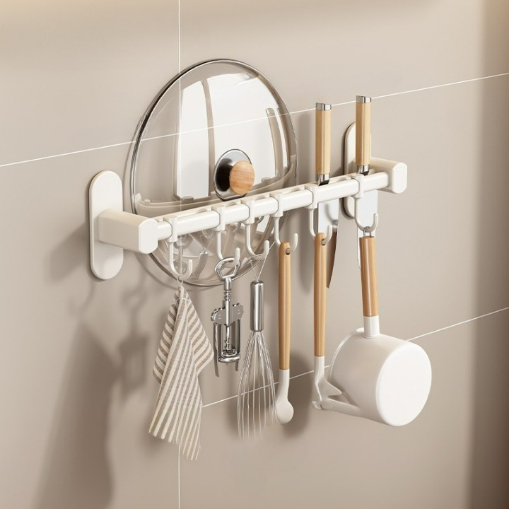 Aluminiowy uchwyt na noże z haczykami, uchwyt na pokrywkę garnka - uchwyt na noże * 2 + haki * 6 - biały 40 * 8,5 * 6,5 cm