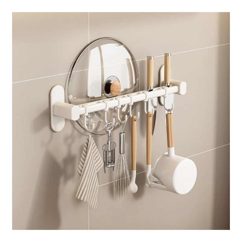 Aluminiowy uchwyt na noże z haczykami, uchwyt na pokrywkę garnka - uchwyt na noże * 2 + haki * 6 - biały 40 * 8,5 * 6,5 cm