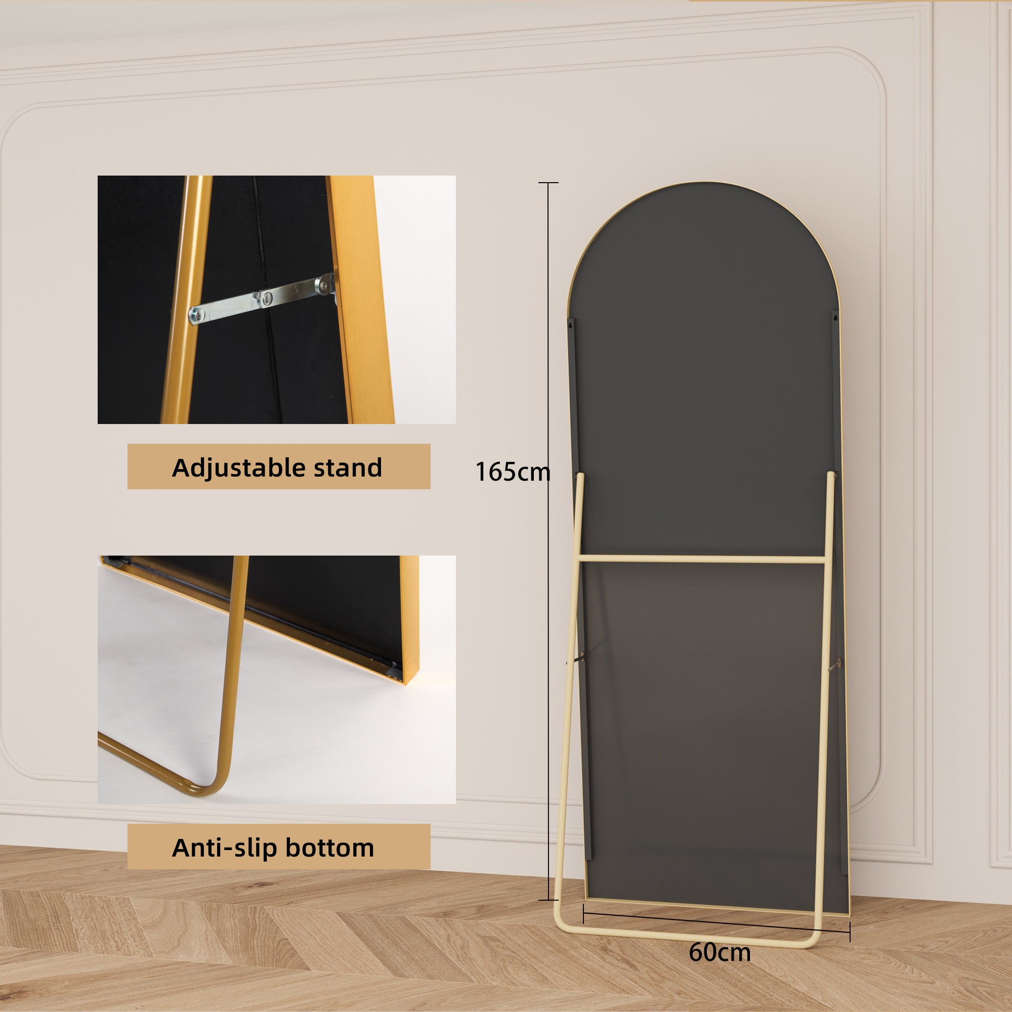 Grand miroir arche - COZY - Miroir sur pied et mural - verre trempé anti-explosion - 60x165 cm - alliage d'aluminium - rétro - doré - 6