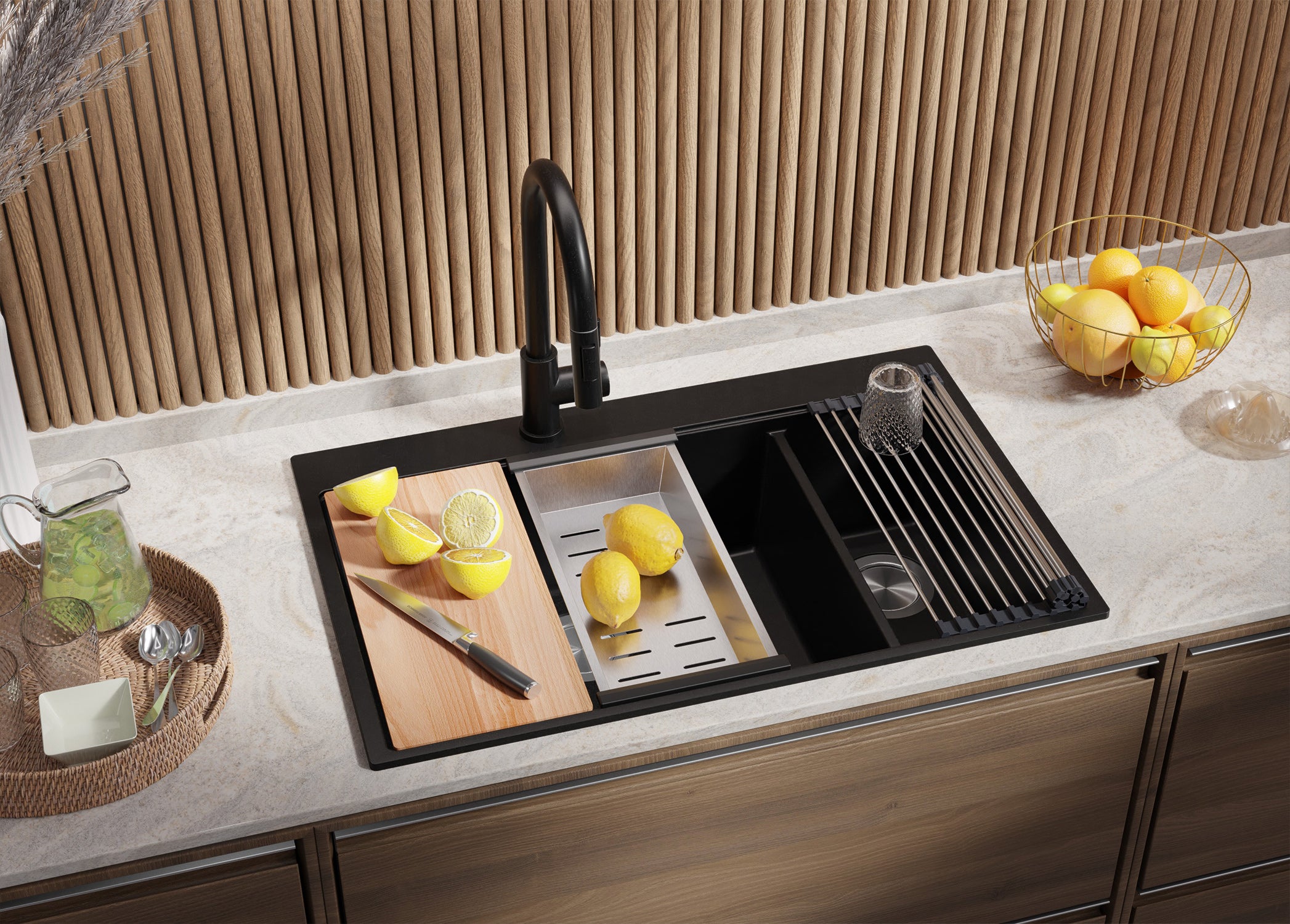 Lavandino da Cucina Tutto Nero 78x50cm, Lavello in Granito a 2 vasche + Accessori, Lavabo da Cucina Incasso al mobile 80cm PRIMAGRAN - 2