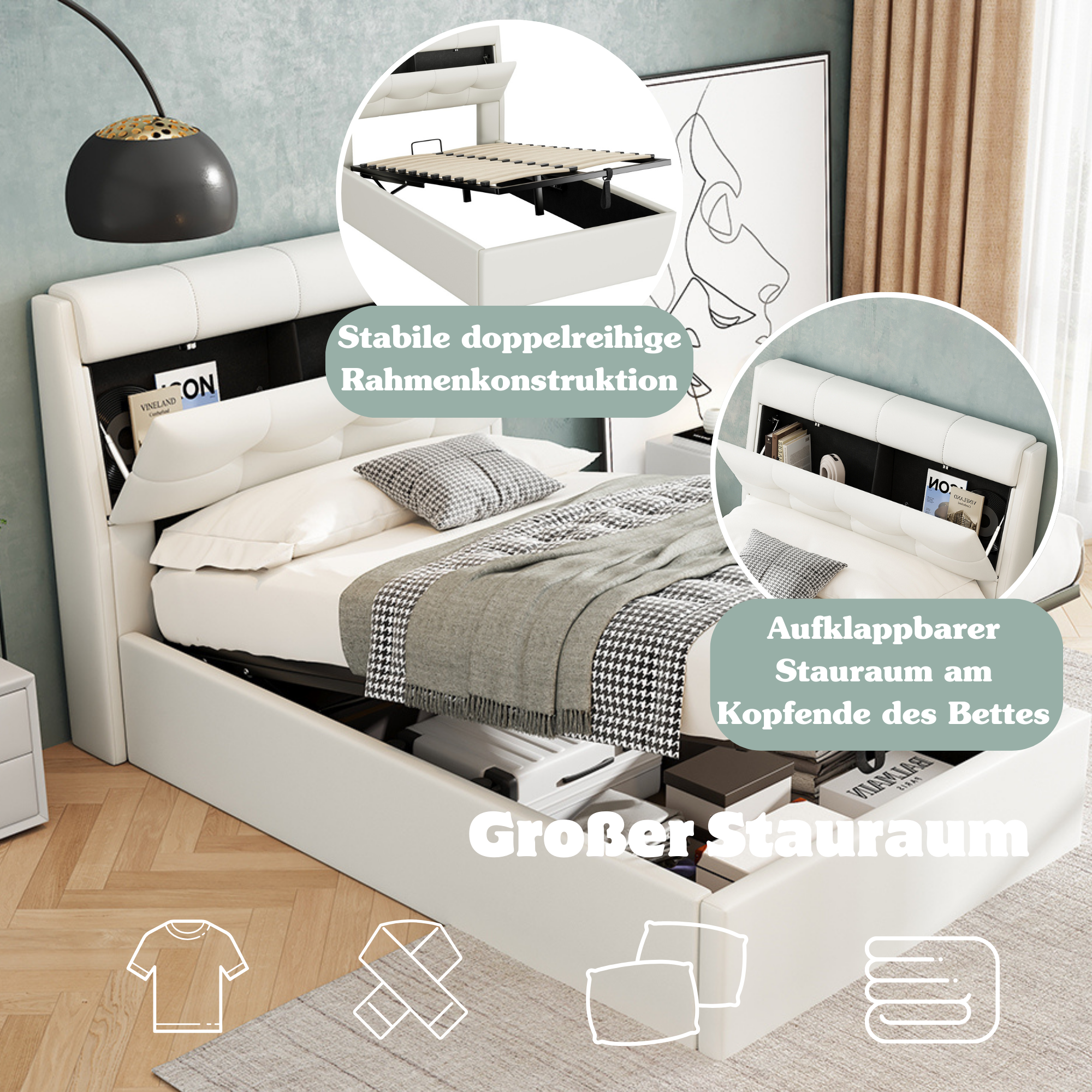 Lit coffre 90 x 200 cm avec tête de lit rangement - LEDs - Cuir PU - Blanc (sans matelas) - 4