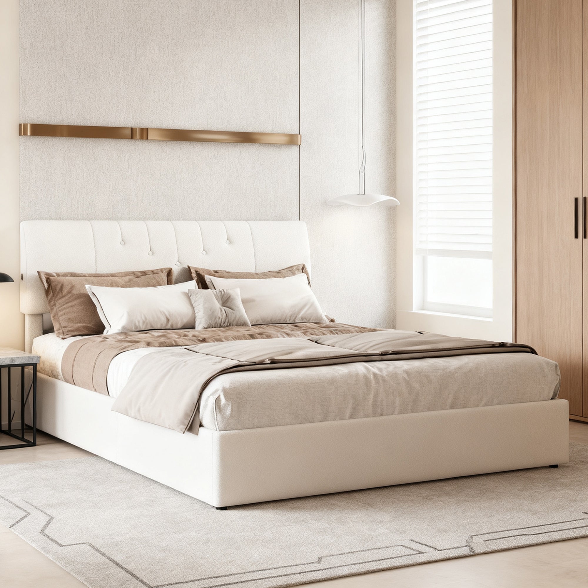 Lit 140x190 cm avec sommier à lattes, COZY, lit adulte avec USB et Type C, cadre de lit coffre, tissu en teddy velours, blanc - 3