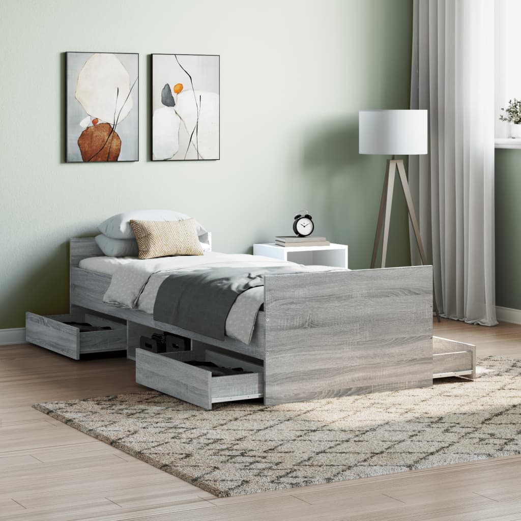 Cadre De Lit 140x190 Cm En Chêne Fumé Avec Tête Et Pied De Lit - Neuf