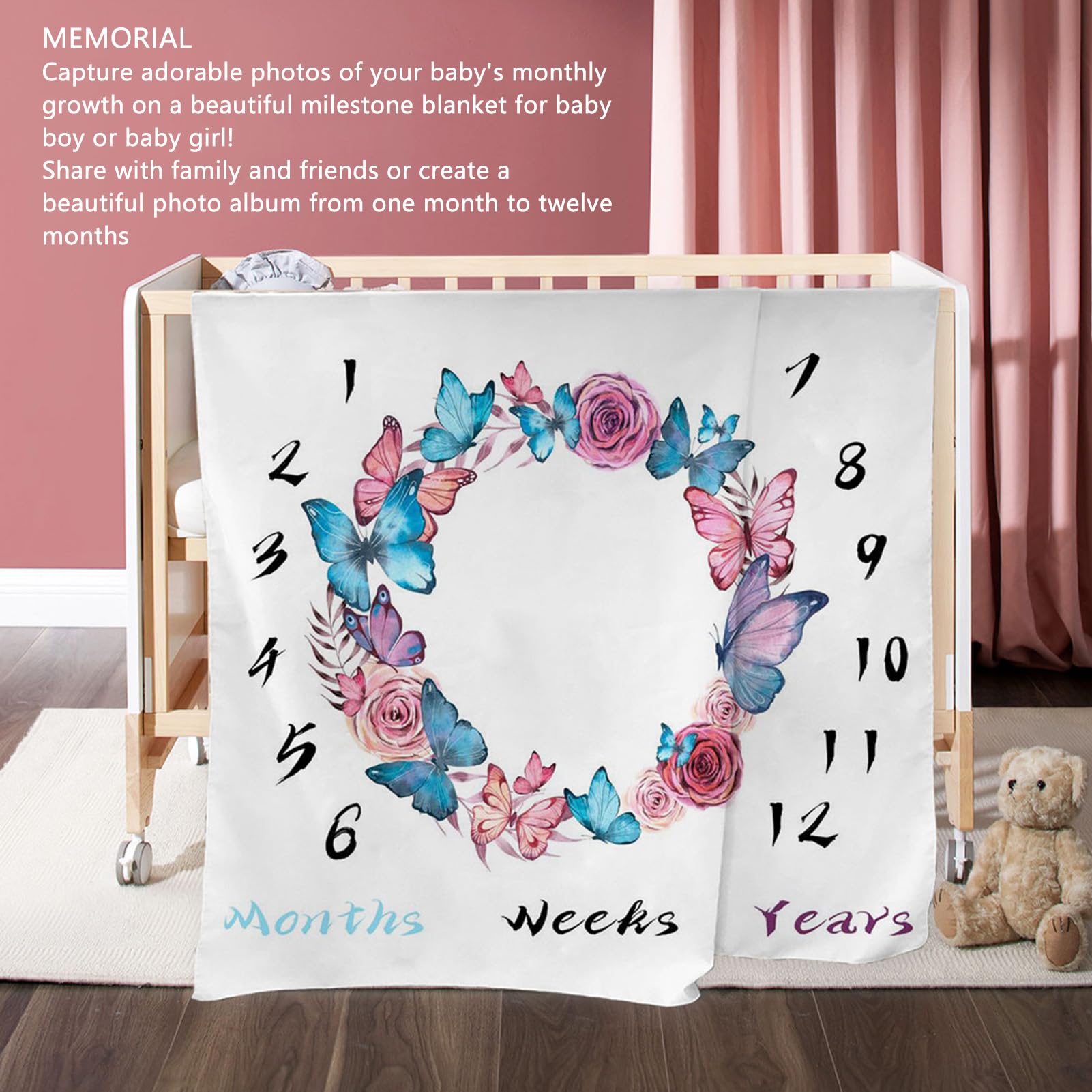 Coperta Fotografica Mensile Per Neonato 130x101 Cm - Morbida Flanella Con Ghirlanda, Per Crescita Bambino, Regalo Nascita