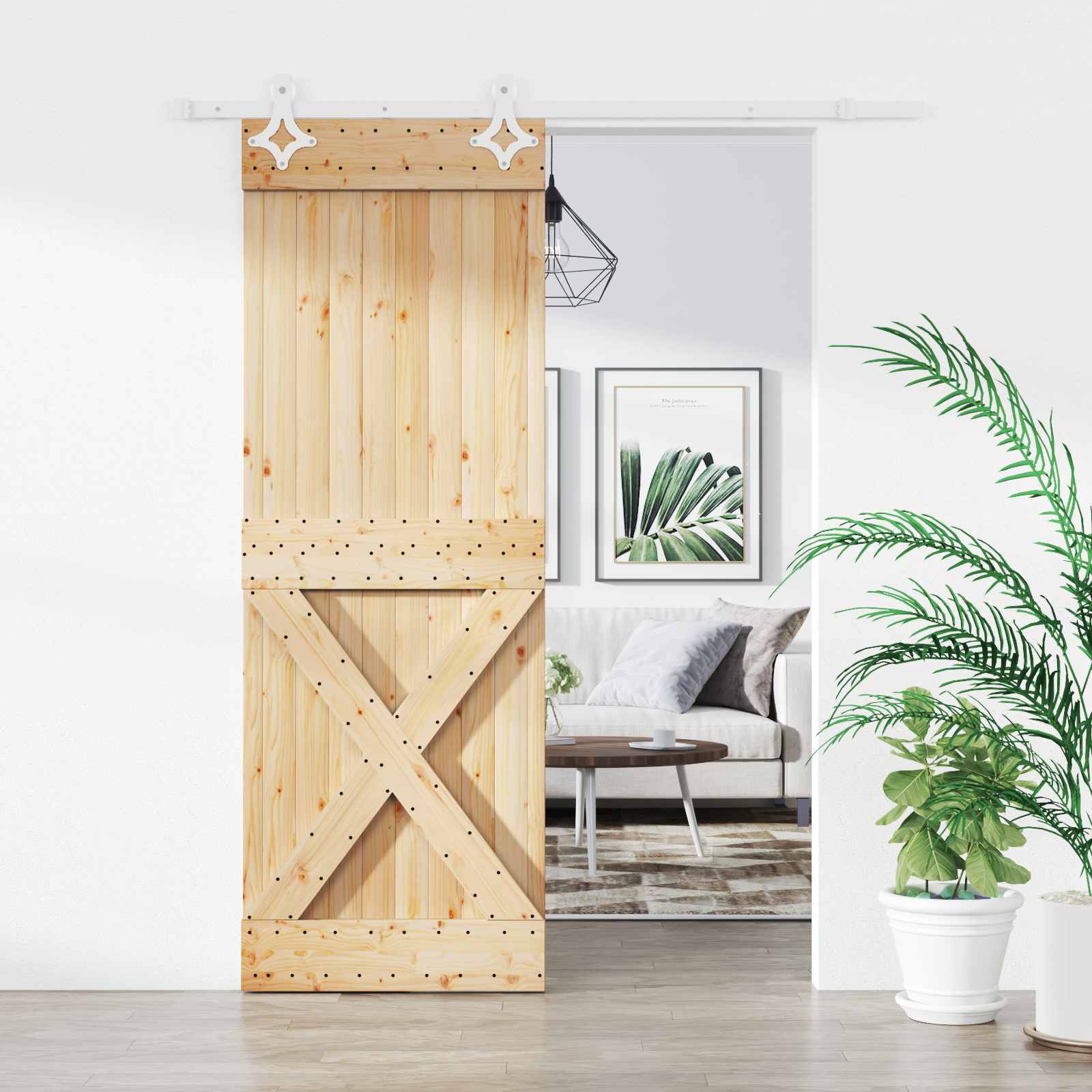 Porte coulissante avec kit de rail - Bois de pin massif - Naturel et ...