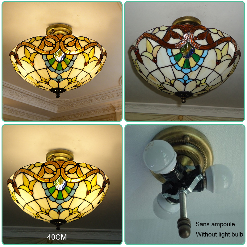 Plafonnier Tiffany, Lustre encastré, Suspension en verre, Éclairage d'entrée LED, Lampadaire LED rétro, φ40 cm (ampoule non incluse) - 4