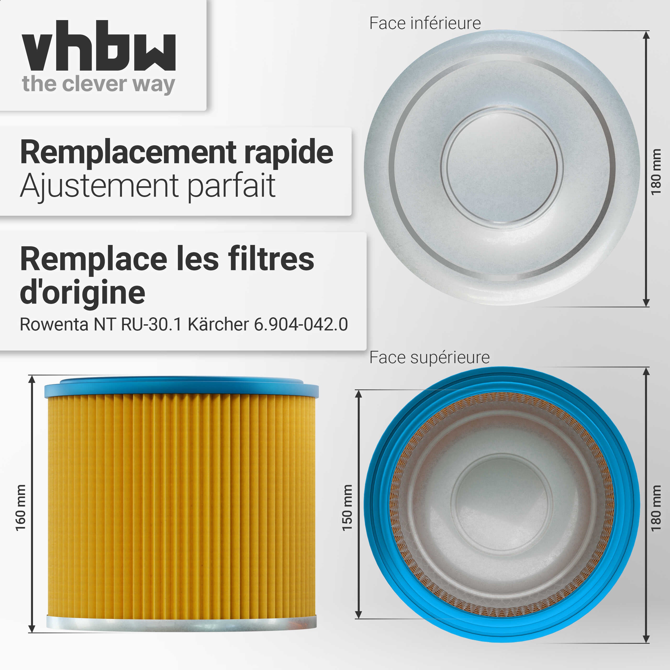 vhbw 1x filtre plissé compatible avec Kärcher 7402B, 7402P, 7402T aspirateur - bleu / jaune - 4