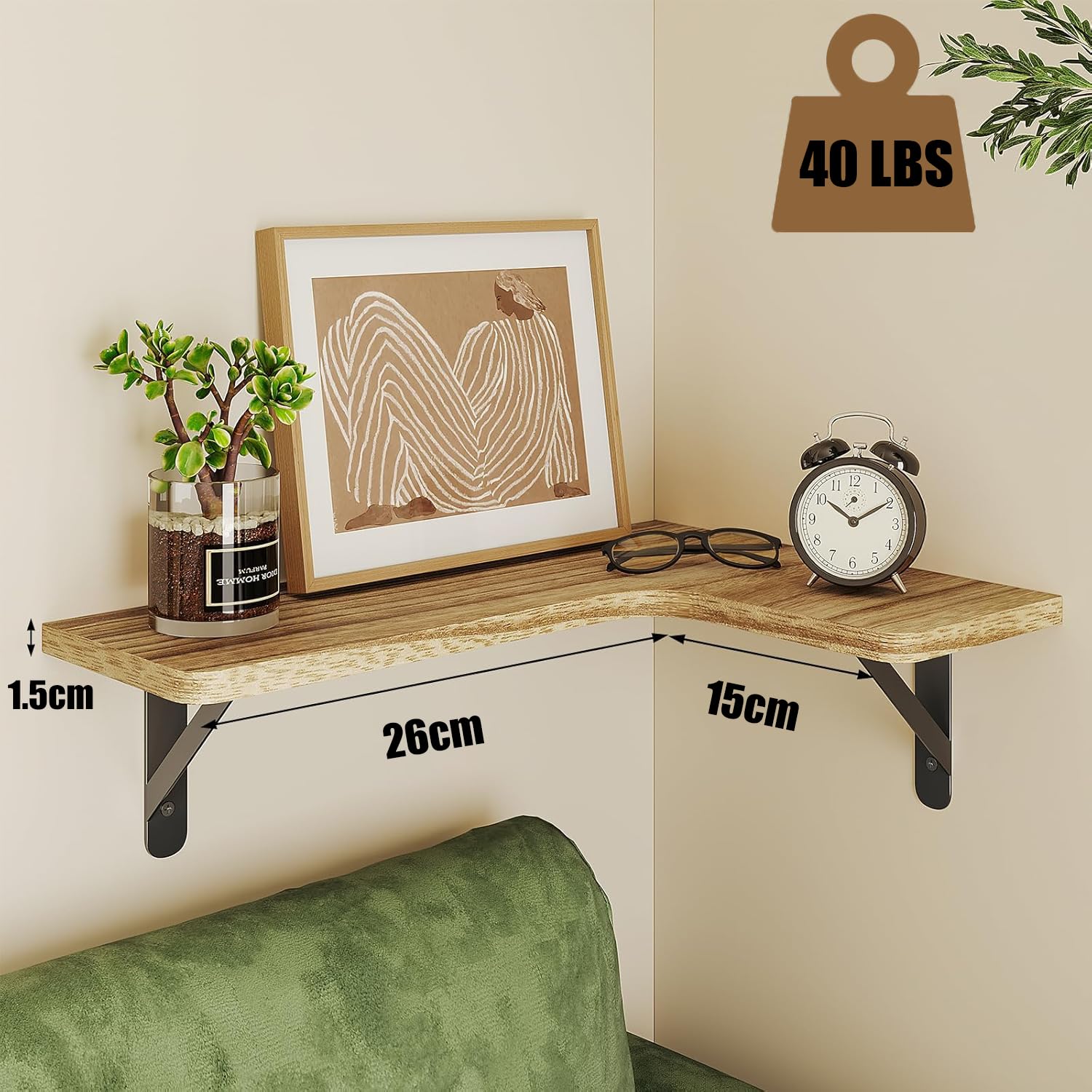 Lot de 2 étagères d'angle murales en bois pour chambre à coucher, salle de bain, cuisine, crèche, salon, bureau, étagères d'angle flottantes - 3