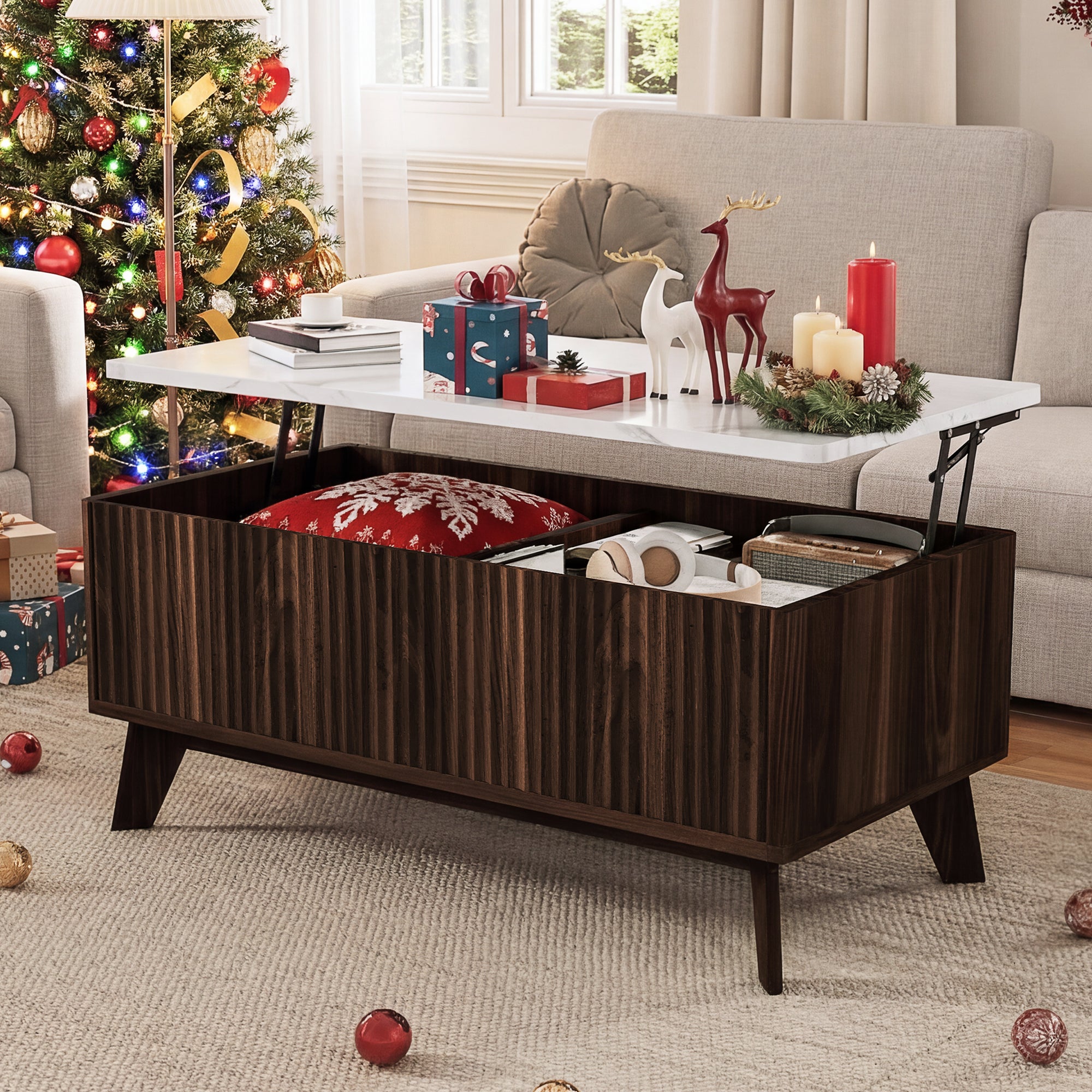 Table Basse, Table de Salon Relevable, Métal Vérin à Gaz, Plateau en Marbre,Compartiment sous Le Plateau,pour Salon,Salle à Manger, 105 x 42 x 53 cm - 2