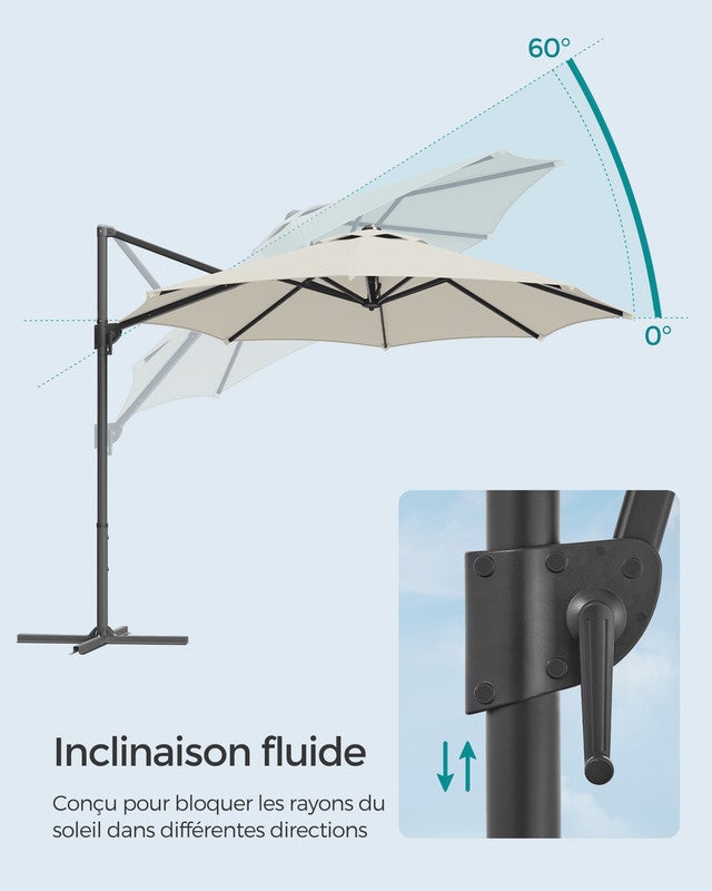 Parasol de Jardin 300 cm, UPF 50+, Parasol de Terrasse, Pivotant à 360°, Inclinaison Fluide, Manivelle, avec Base en Croix, Blanc Crème - 4