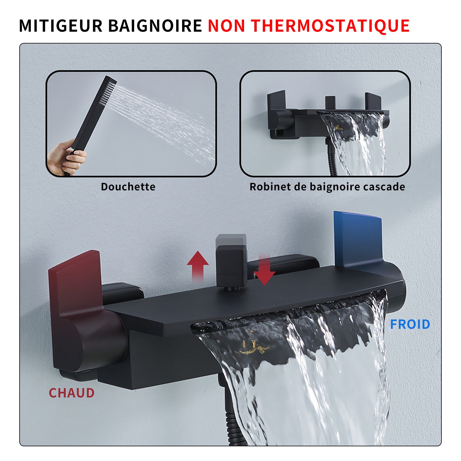 Mitigeur de Baignoire Cascade Robinet de Baignoire Mural avec Douchette à Main et Flexible de douche 1,5M, Laiton Noir Mat - 4