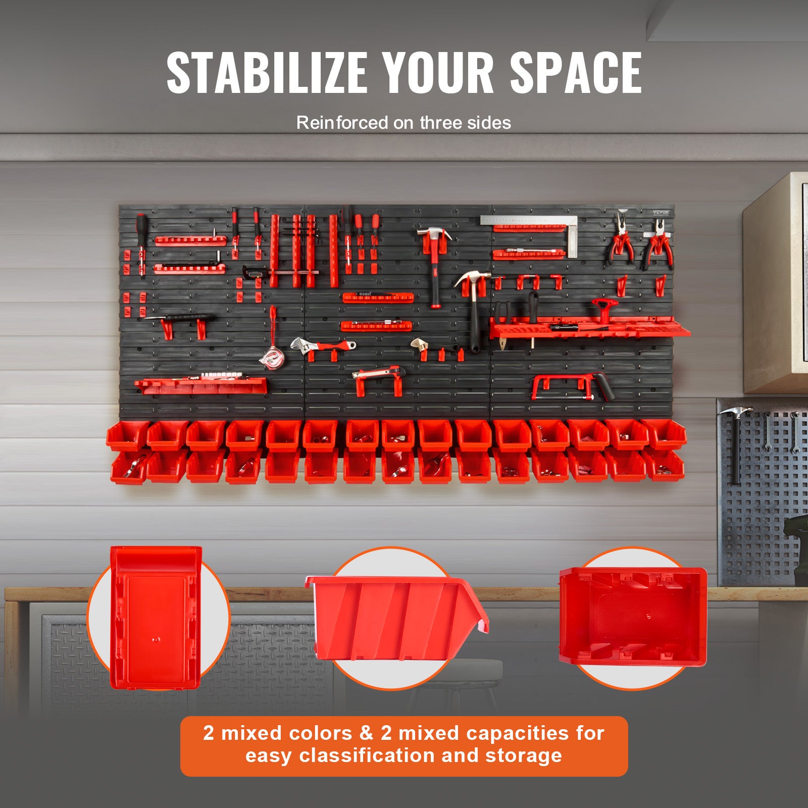 Étagère Bac à Bec Plastique,VEVOR 30 Boites Rangement Empilables Atelier Garage avec Panneaux Muraux,Organisateur Outils pour Écrous,Clous,Noir/Rouge - 4