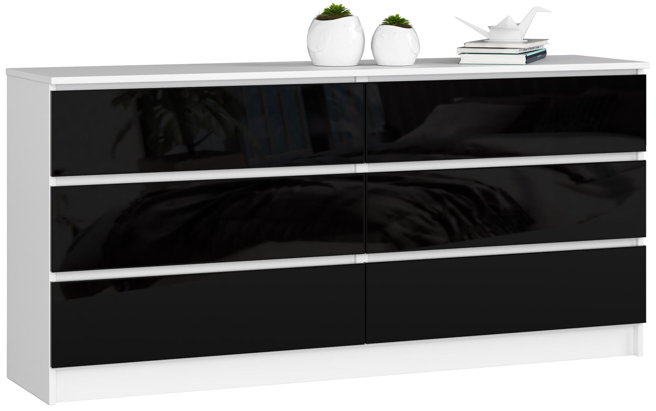 Komoda: 6 szuflad, biała | połyskliwa czerń, 160 x 77 x 40 cm