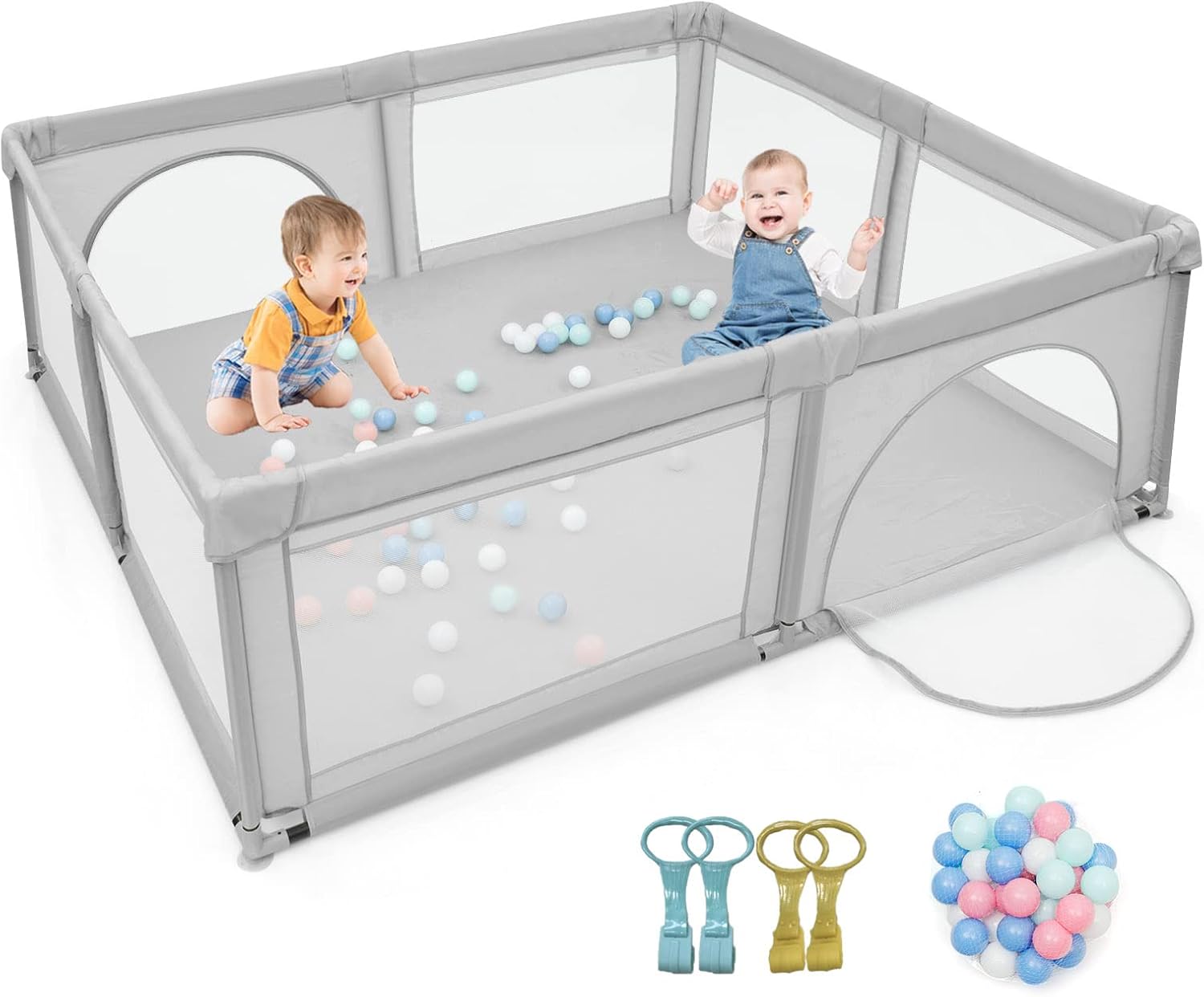 Parque infantil con 50 pelotas de juego para gatear para niños pequeños y columnas, estable con red transpirable, con puerta y cremallera, multicolor
