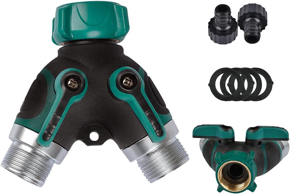 Rozdzielacz do kranu 2-drogowy 3/4", z indywidualnymi zaworami włączającymi/wyłączającymi, adapter do kranu z 2 złączami i 4 gumowymi podkładkami