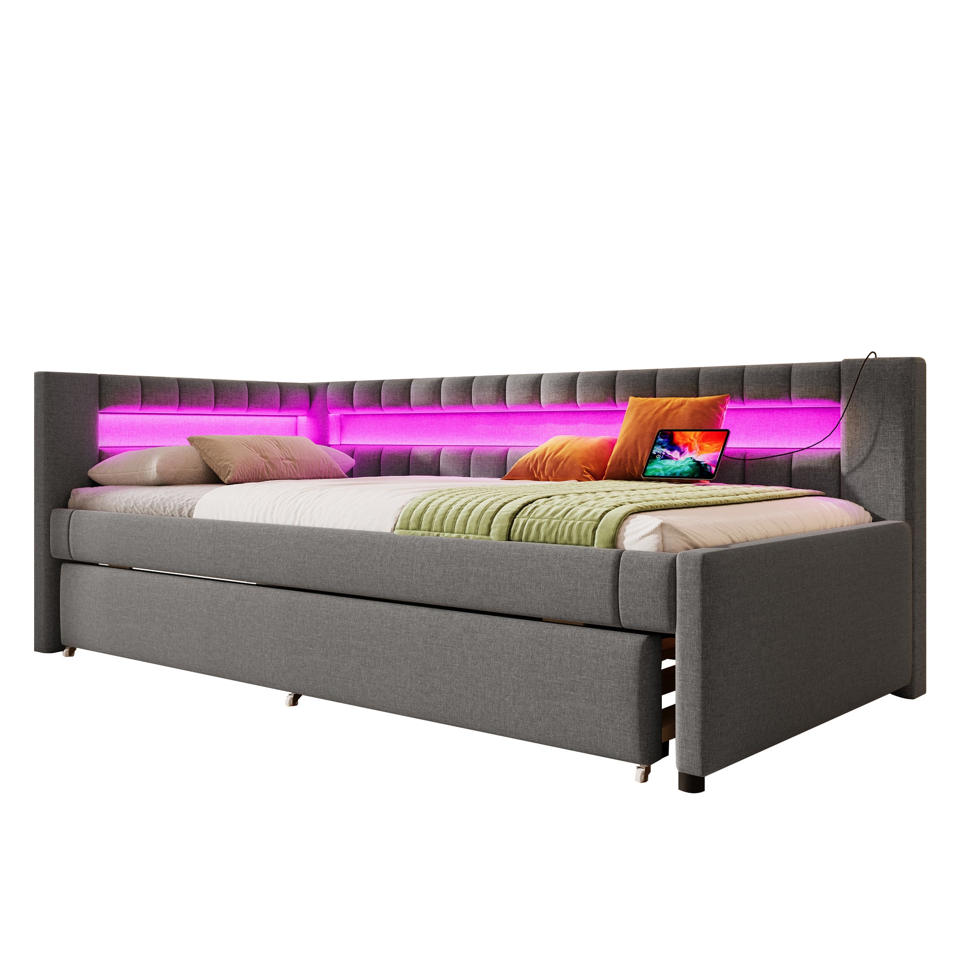 Cama nido para adultos de lino 90 × 200 cm con barra luminosa LED, sofá cama 2 en 1 con somier de láminas, USB + TYPE-C, Gris (sin colchón) - 6