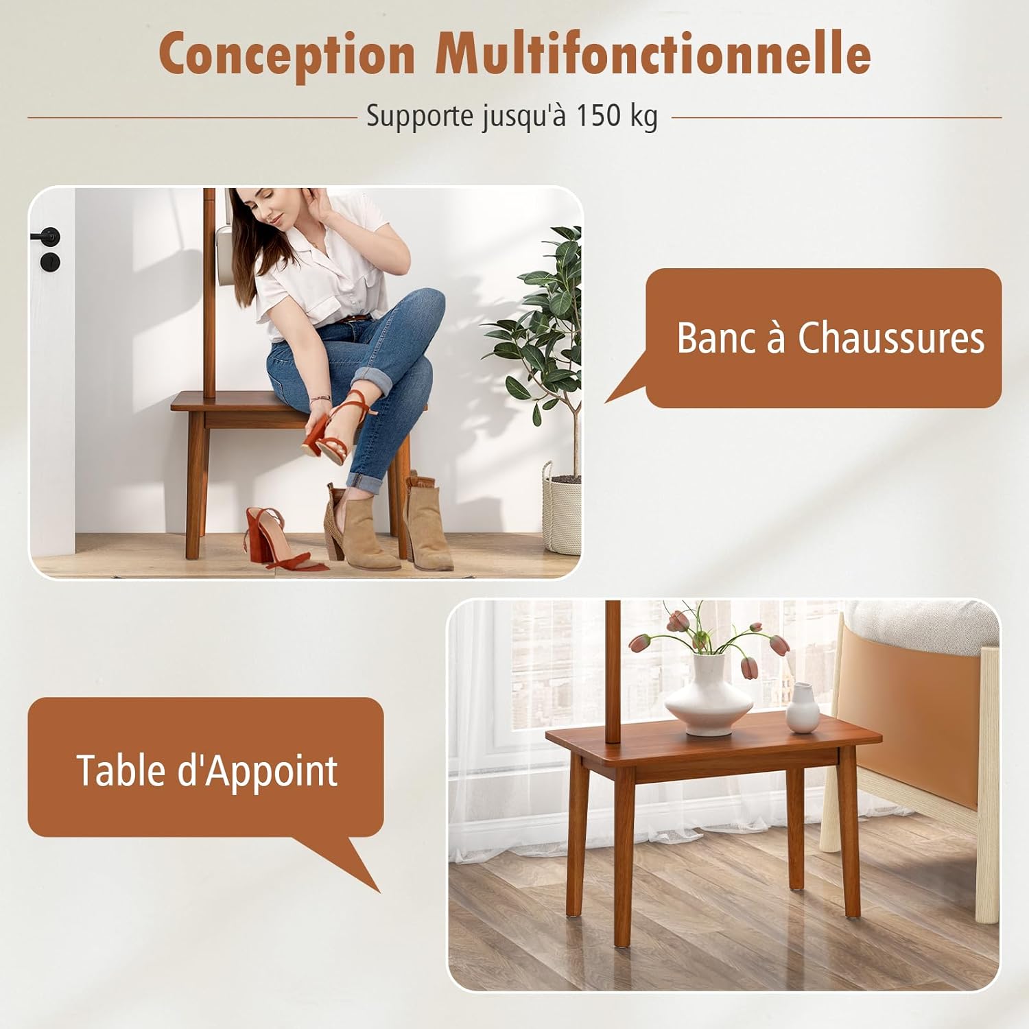 Porte-Manteau Bois avec Banc, Porte Manteau d'Entrée avec Table d'Appoint, 4 Crochets Arrondis, en Bois, pour Chapeau - 5