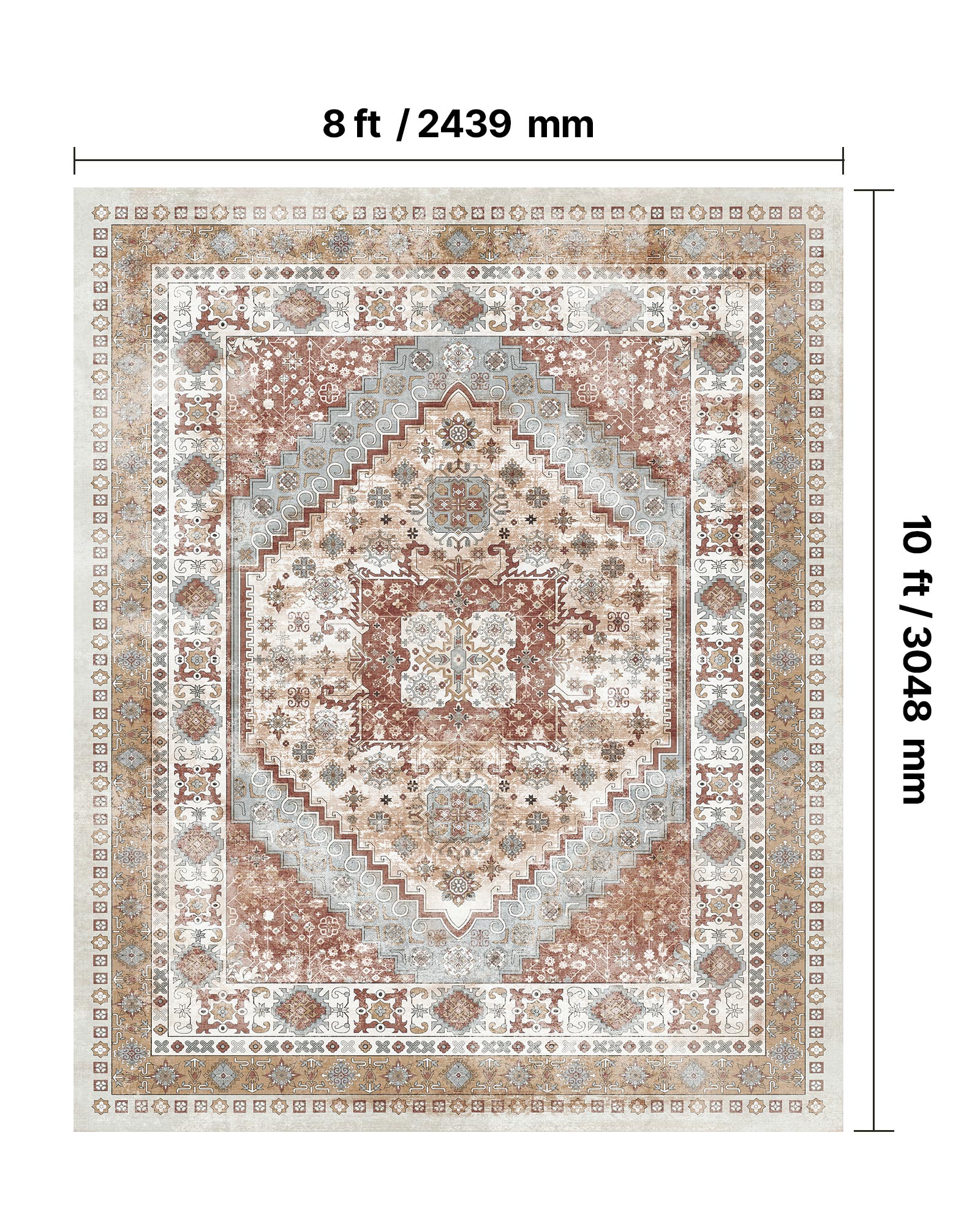 Tapete VEVOR, 2,4 x 3 m, resistente a riscos de animais de estimação, macio, estilo vintage, para quarto, escritório, corredor, castanho e vermelho - 3