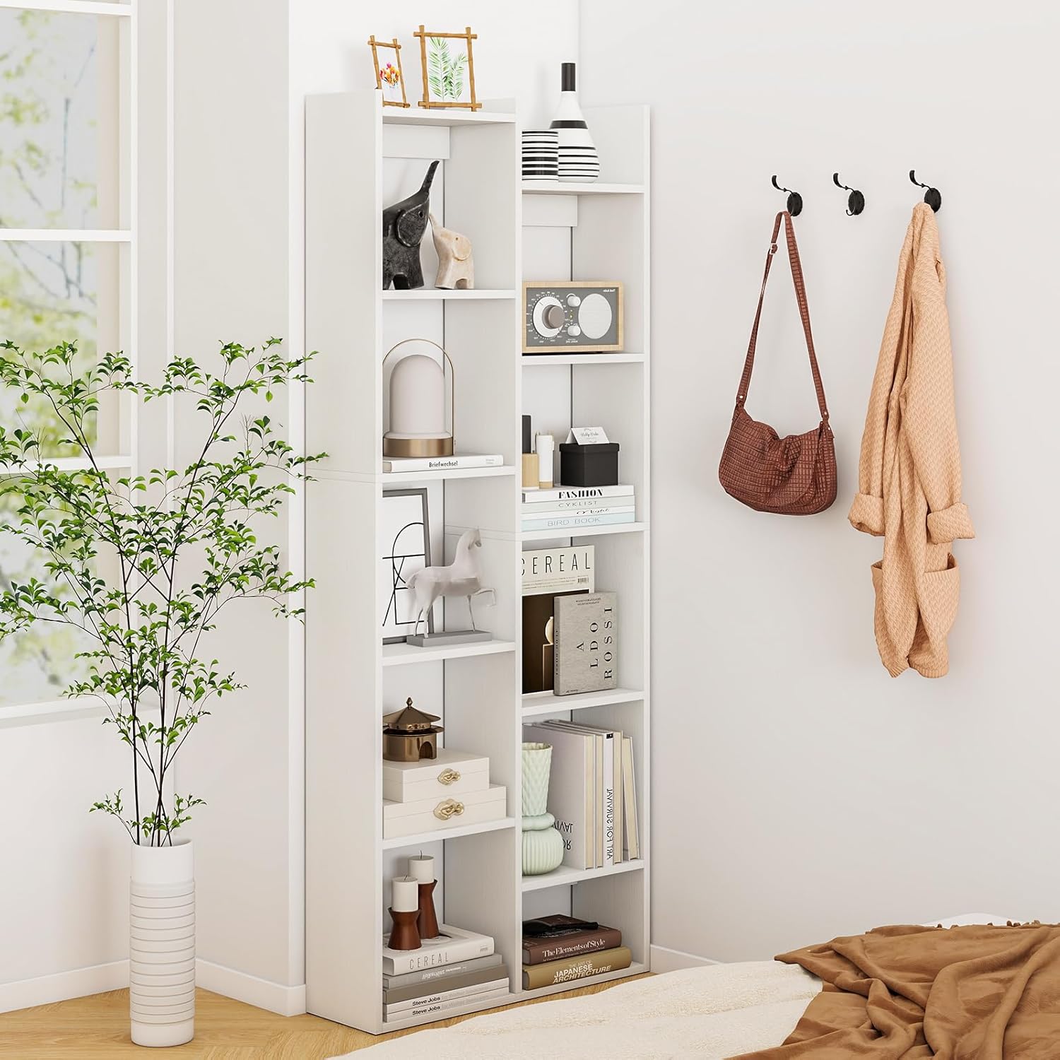 Librerías 160 cm con 12 Cubos, Estanteria Blanca Gran Capacidad con Kit Antivuelco, Estantería de Exhibición de Madera, Mueble Organizador, pa - 5