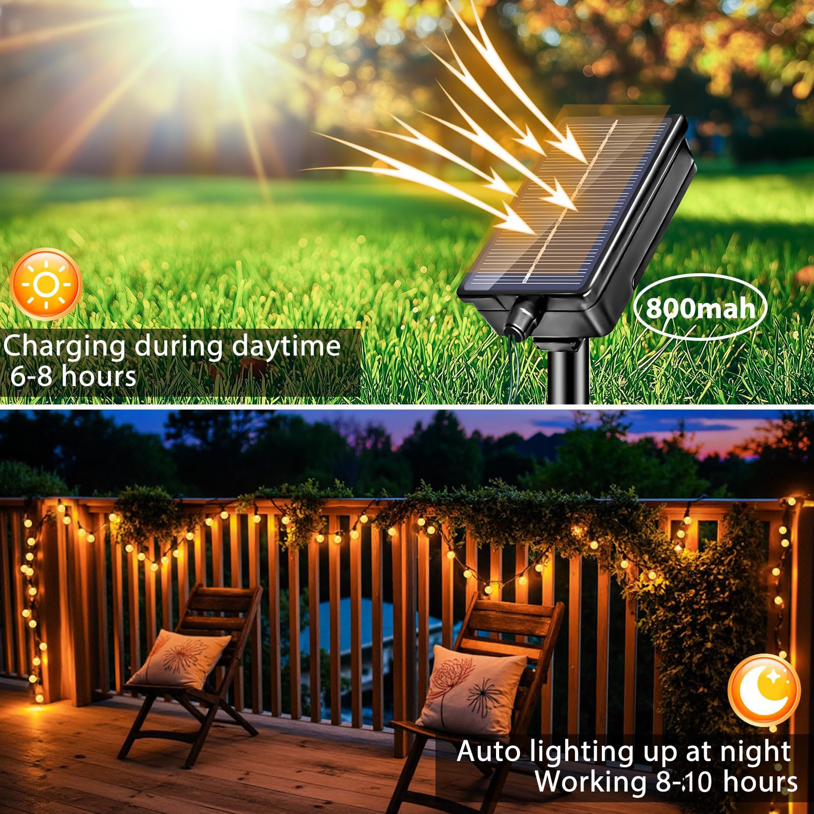 Cordão de Luzes Solares para Exteriores de 11 m, 60 LEDs, à Prova D'água, Bolas de Cristal, para Jardim, Pátio, Varanda, Festa (Branco Quente) - 2