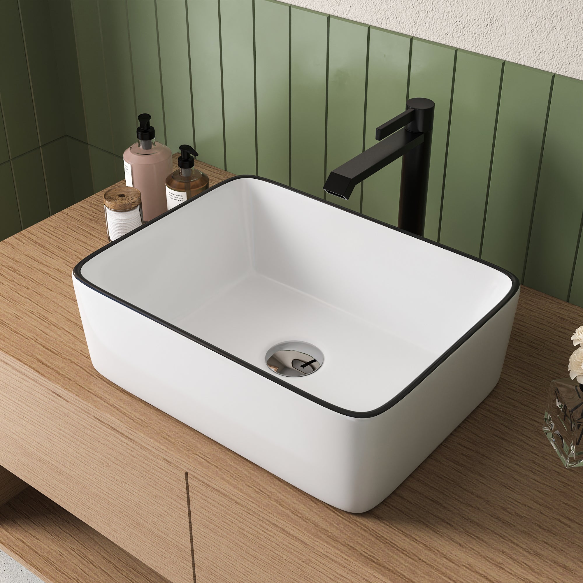 Vasque à poser céramique blanche avec bordure noire, 47,5 x 37,5 x 13 cm, design moderne, parfaite pour salle de bain,DeerValley - 8