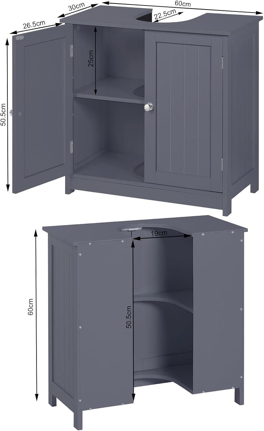 Meuble de salle de bain - Meuble sous lavabo en bois - Meuble de rangement - Armoire de salle de bain - en MDF - 60x60x30cm - Gris - WOLTU - 4