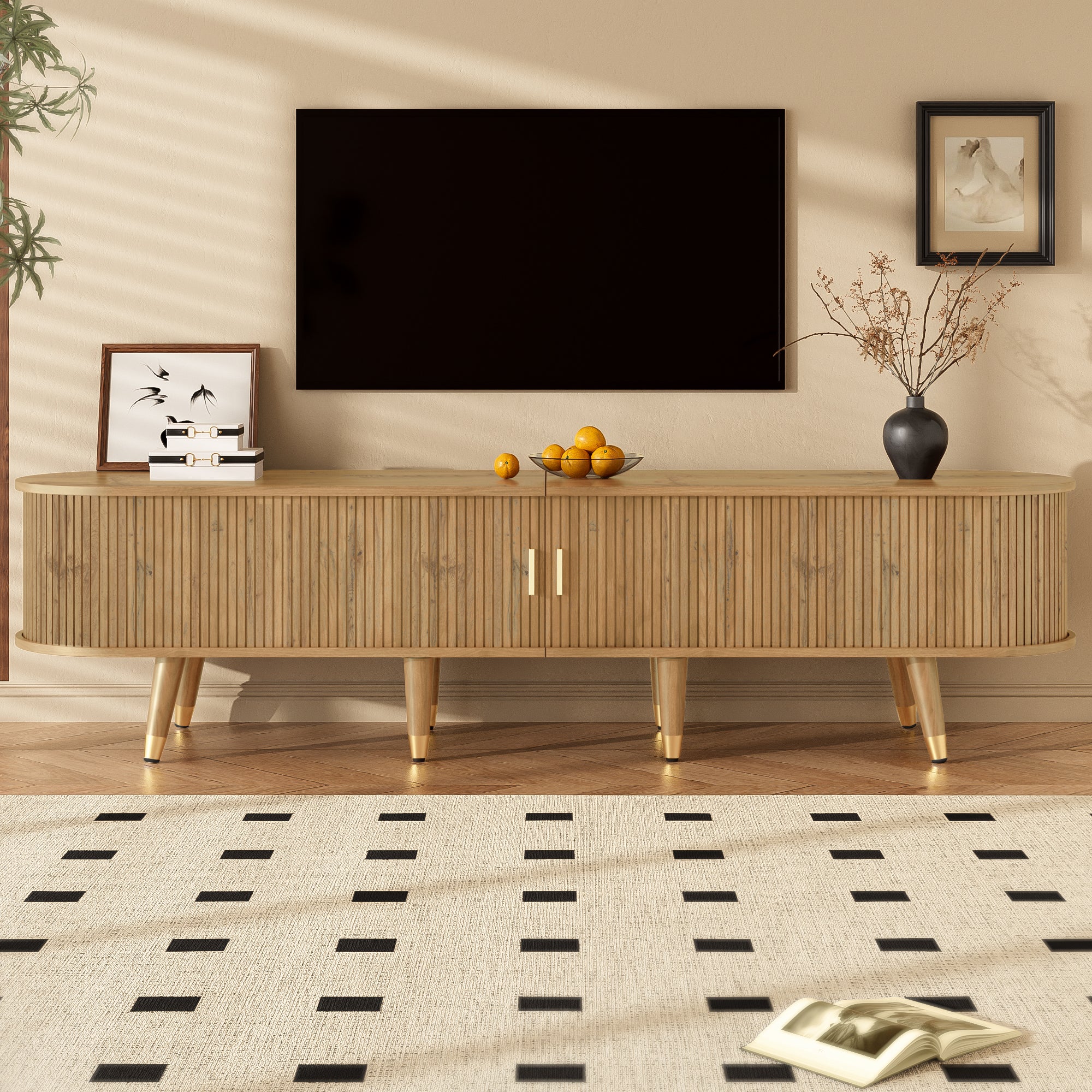 Stolik pod telewizor w stylu rustykalnym 175 x 38 x 45 cm - 2 drzwi przesuwne i 2 szuflady - Wykończenie drewniane - Płyta MDF - Naturalny - 8