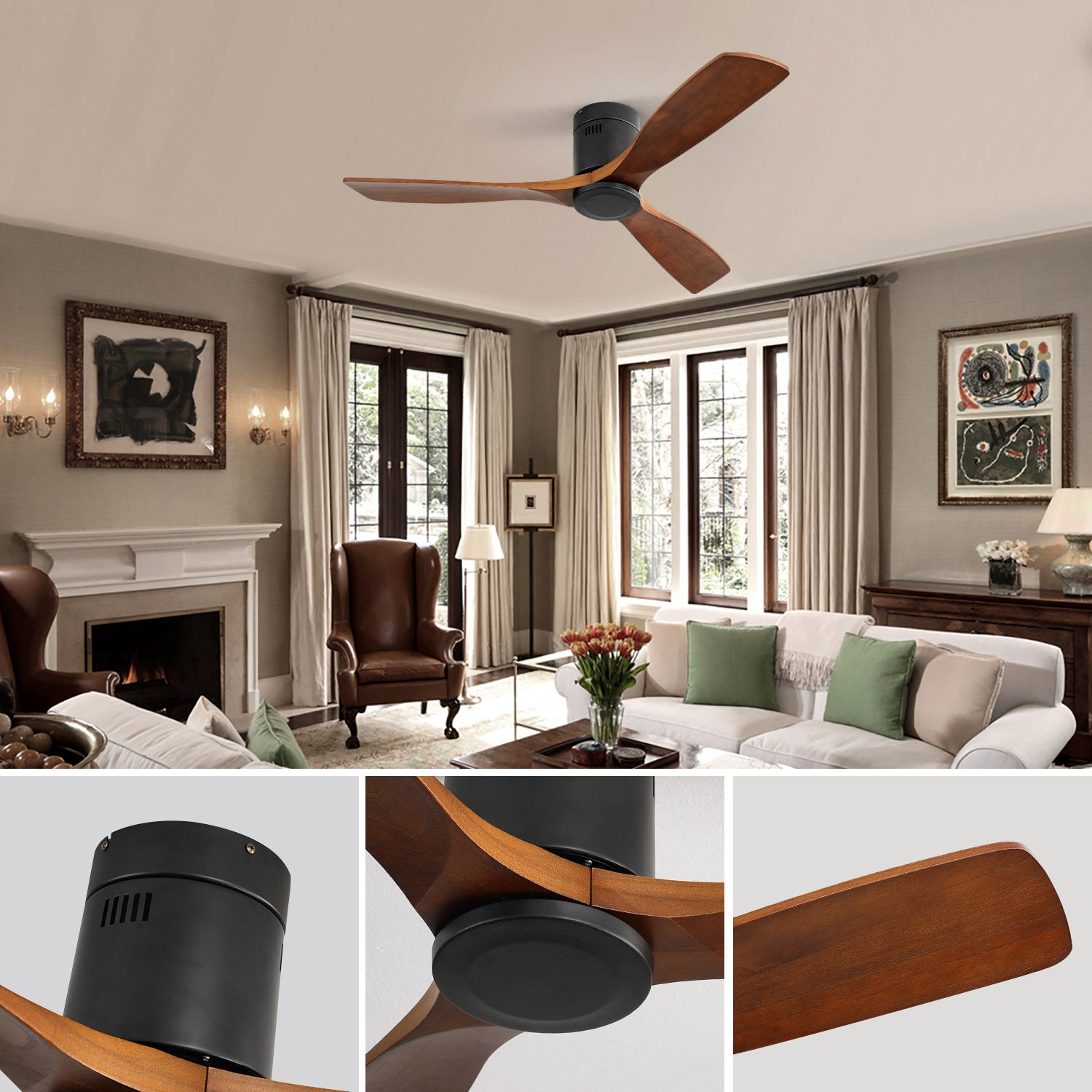 Ventilateur de Plafond 52 Pouces sans Lumière, Moteur DC Réversible à 6 Vitesses, 3 Pales en Bois Massif, Télécommande - Noir - 4