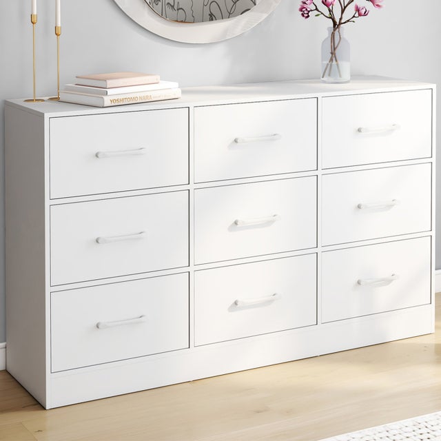 Commode 9 tiroirs en tissu UPPAH 113 cm meuble de rangement bois blanc