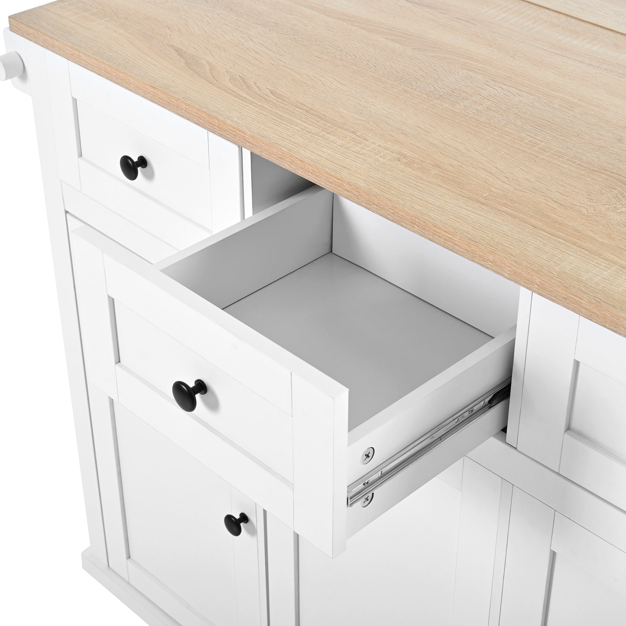 Ilot central de cuisine mobile 126x46.8x94.2cm - avec roulettes - 3 tiroirs et 3 portes - plateau extensible - avec porte-serviettes - blanc - 6