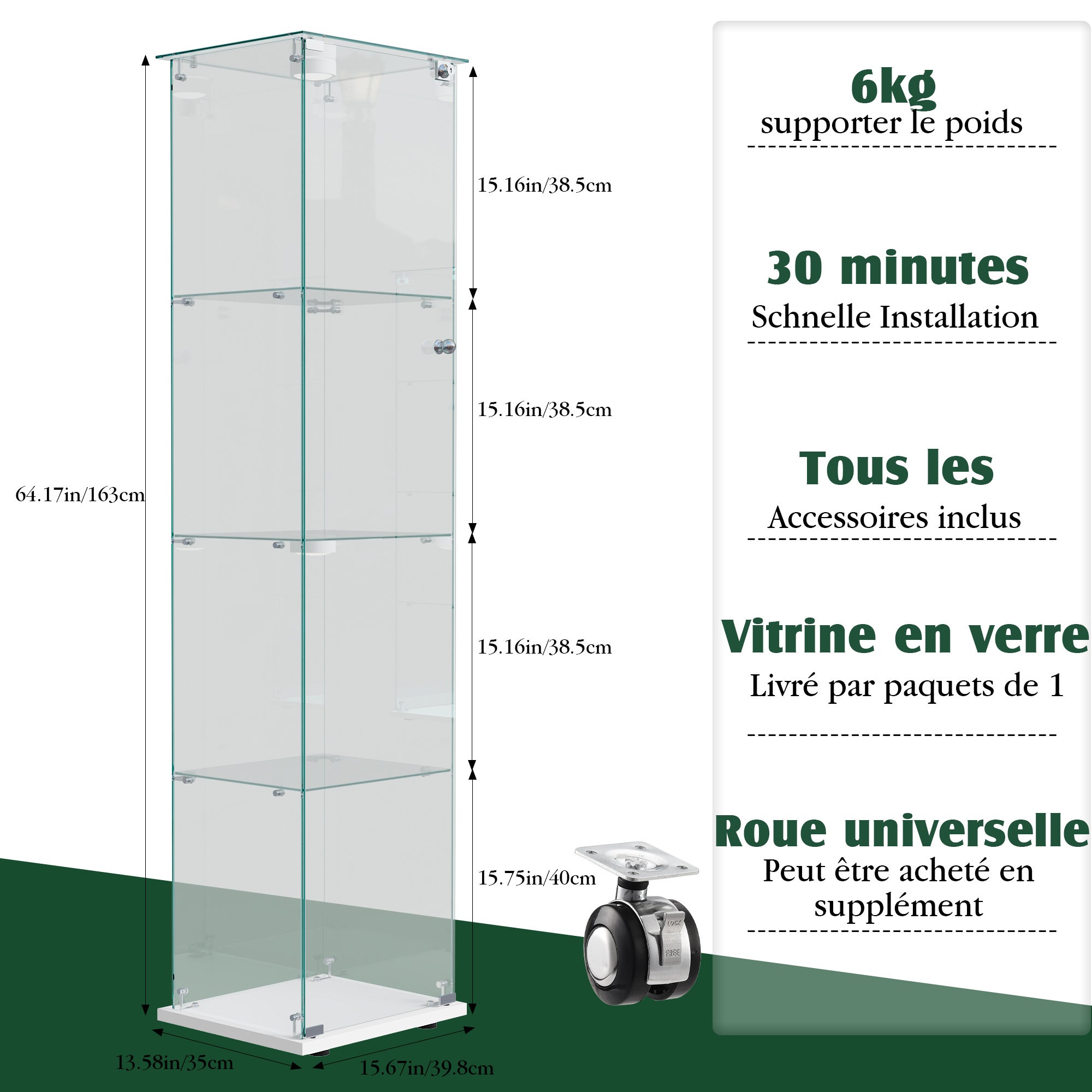 Vitrine en verre - 1 portes - 4 niveaux - Lumière LED - plaque de fond - 39.8x35x163cm - blanc - 4