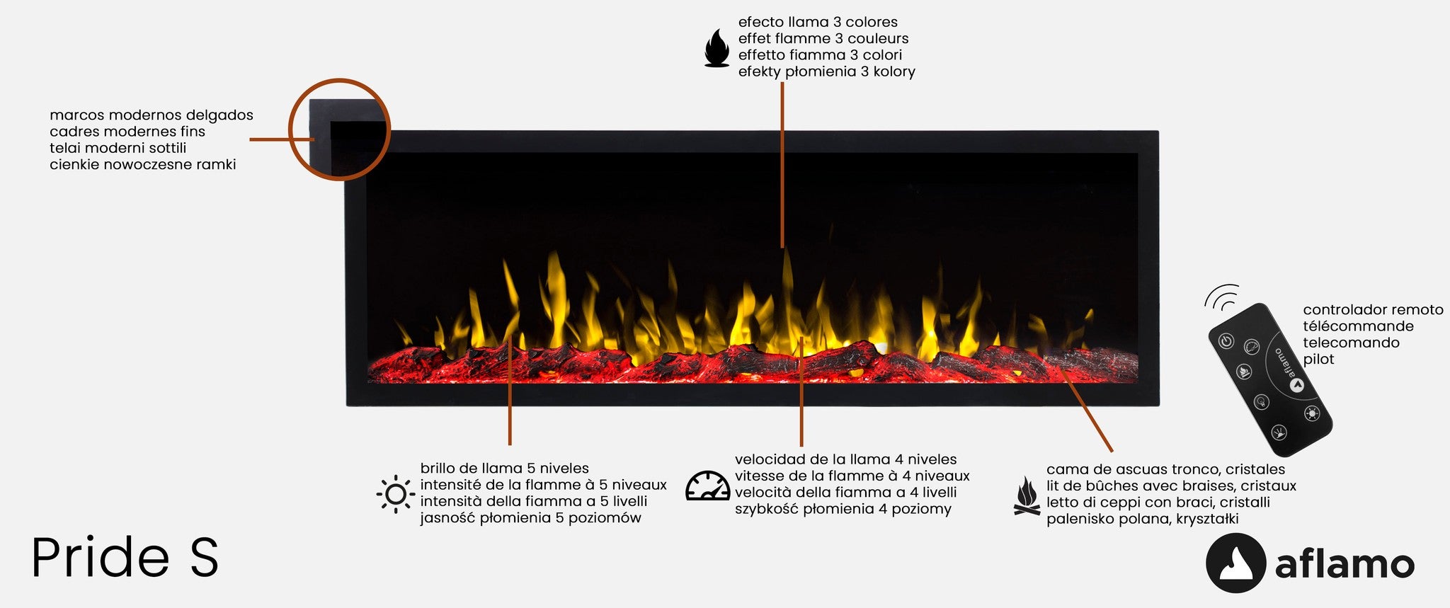Cheminée électrique AFLAMO Pride S115 - feu premium - murale ou encastrable - 115x42x14 cm - cheminée LED décorative sans chauffage - 2