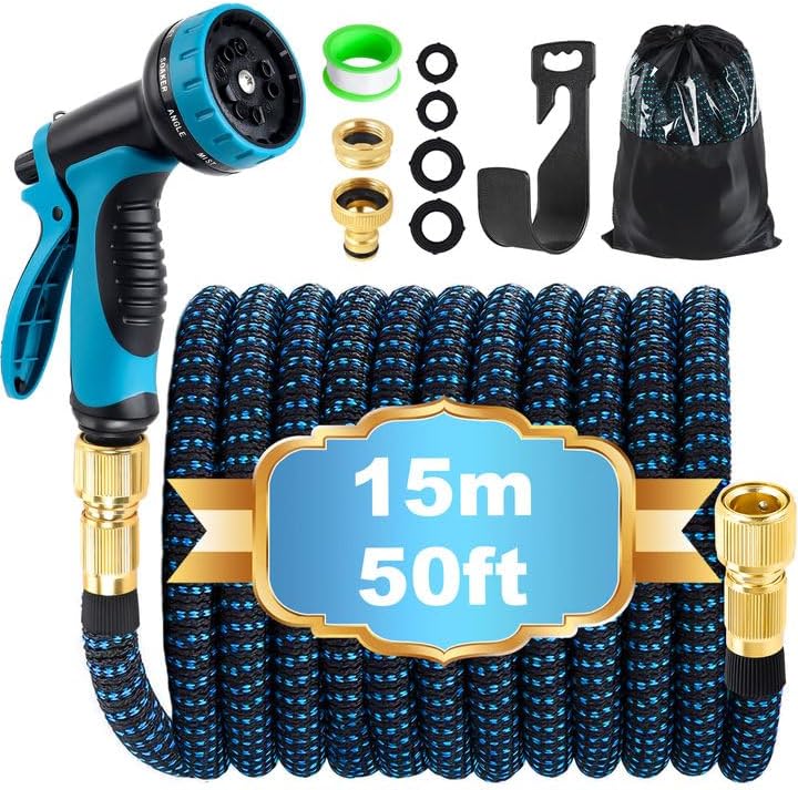 Rozciągliwy wąż ogrodowy o długości 15 m (50 stóp), rozciągliwy wąż ogrodowy z pistoletem natryskowym o 10 funkcjach