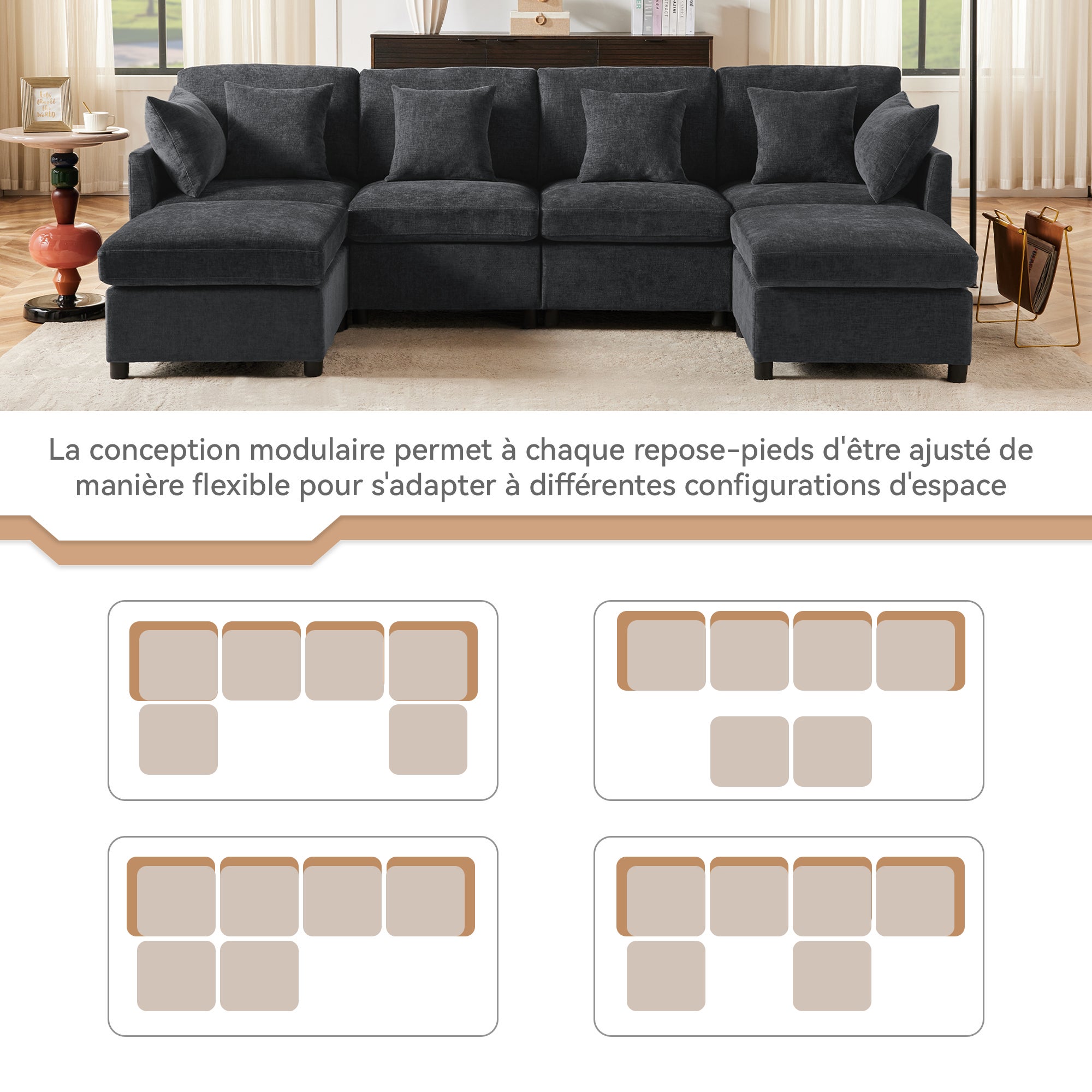 Nowoczesna narożna sofa w kształcie litery L - Z wyjmowanym podnóżkiem - 4-osobowa - szara - 8