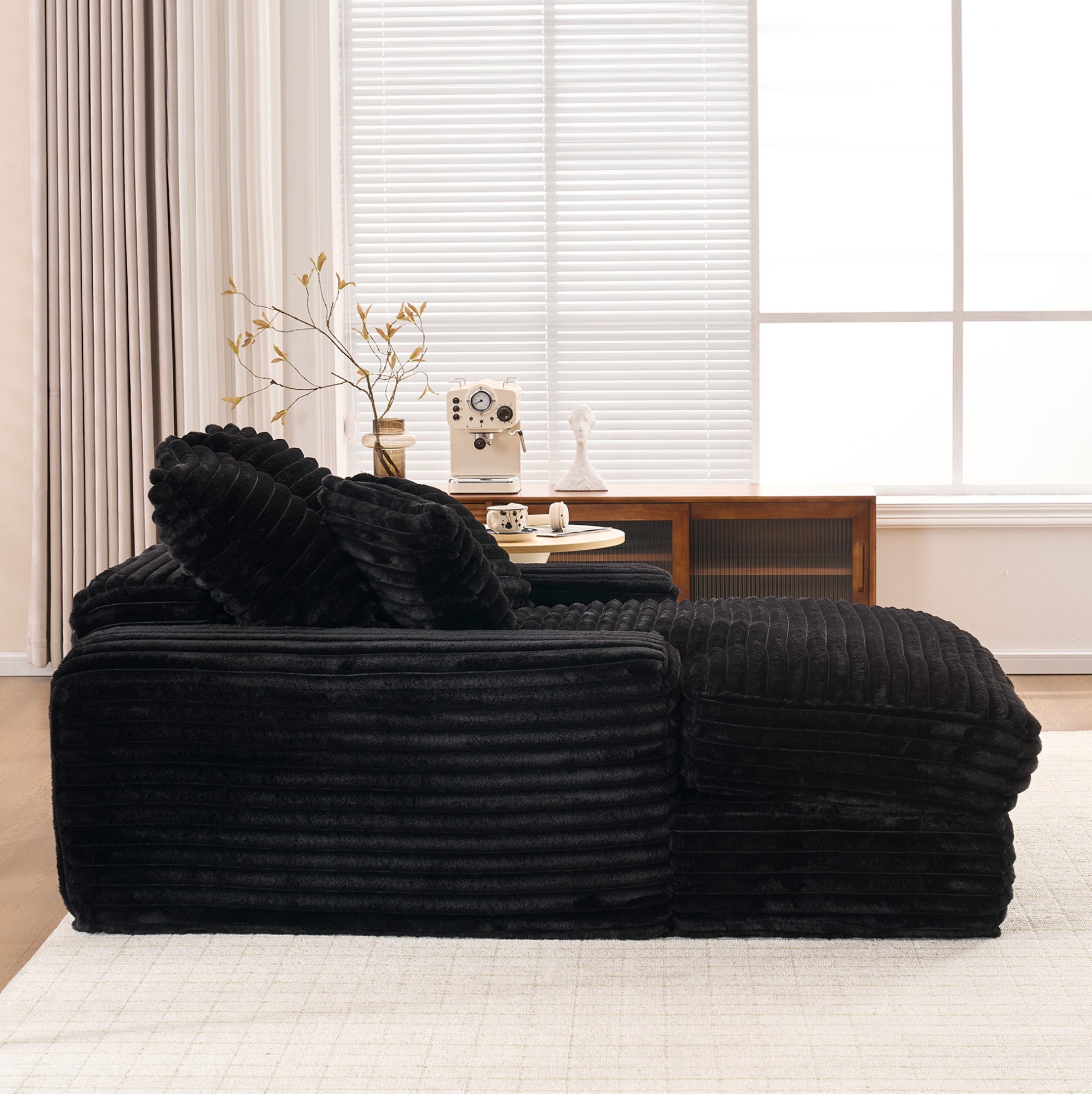 Canapé de sol en velours côtelé noir avec 4 coussins amovibles, sans montage, 175 × 137 × 63 cm - 2