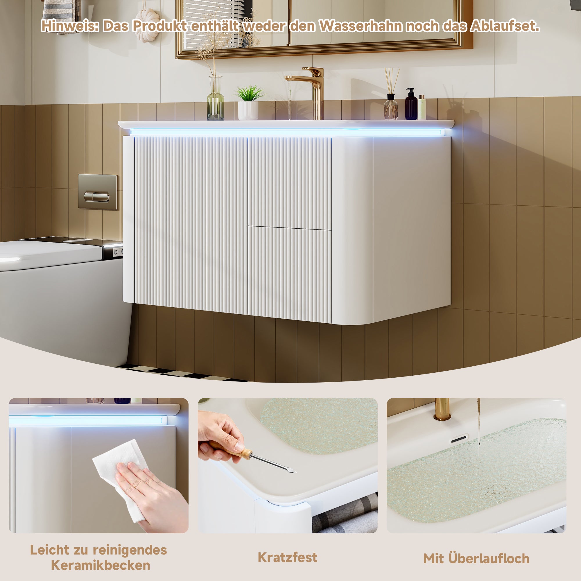 Meuble de salle de bain mural - Vasque simple en céramique et 4 tiroirs - 80,5 x 47,5 x 51 cm - MDF - LEDs - Laqué blanc - 7