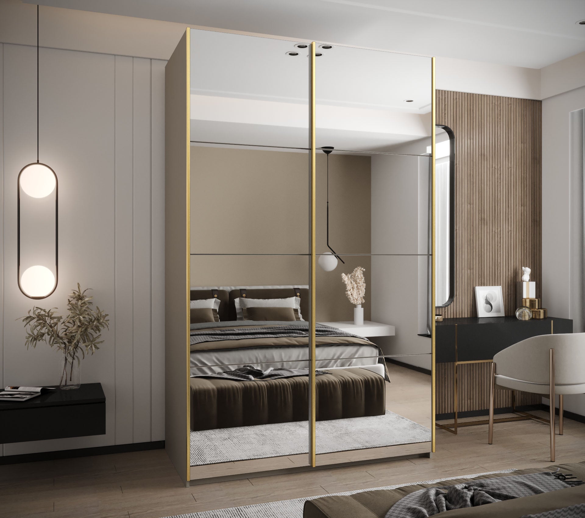 Szafa przesuwna wysoka Lux 2 150 x 64 x 245,5 cm kaszmir + kaszmir + u. złoty - Abiks Meble - 2